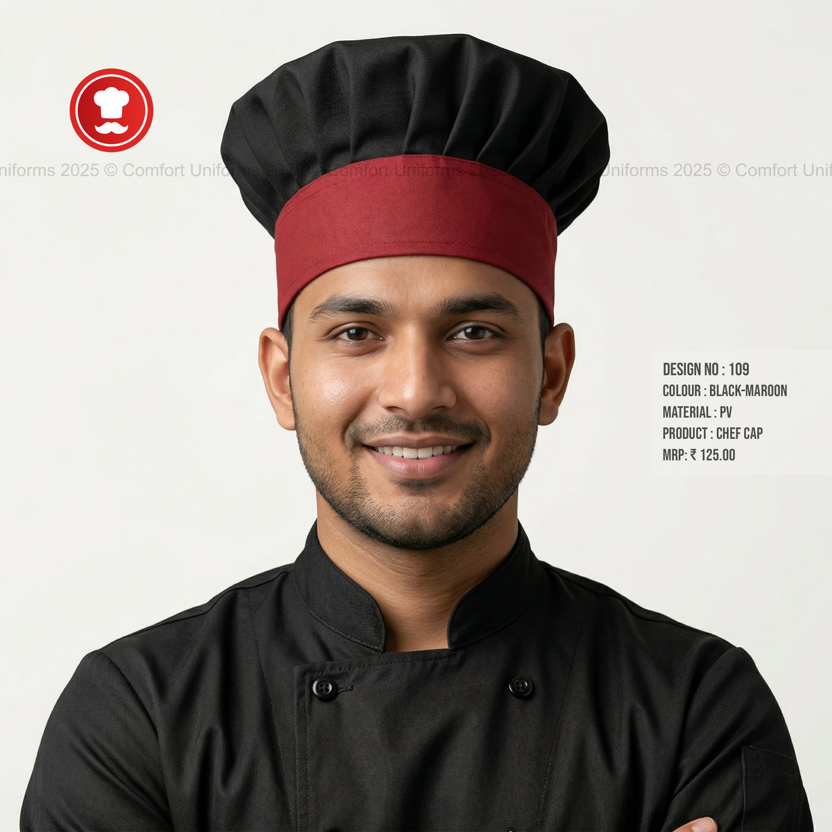 109 Black & Maroon Chef Cap โ Professional Two-Tone Chef Toque for Kitchen Staff