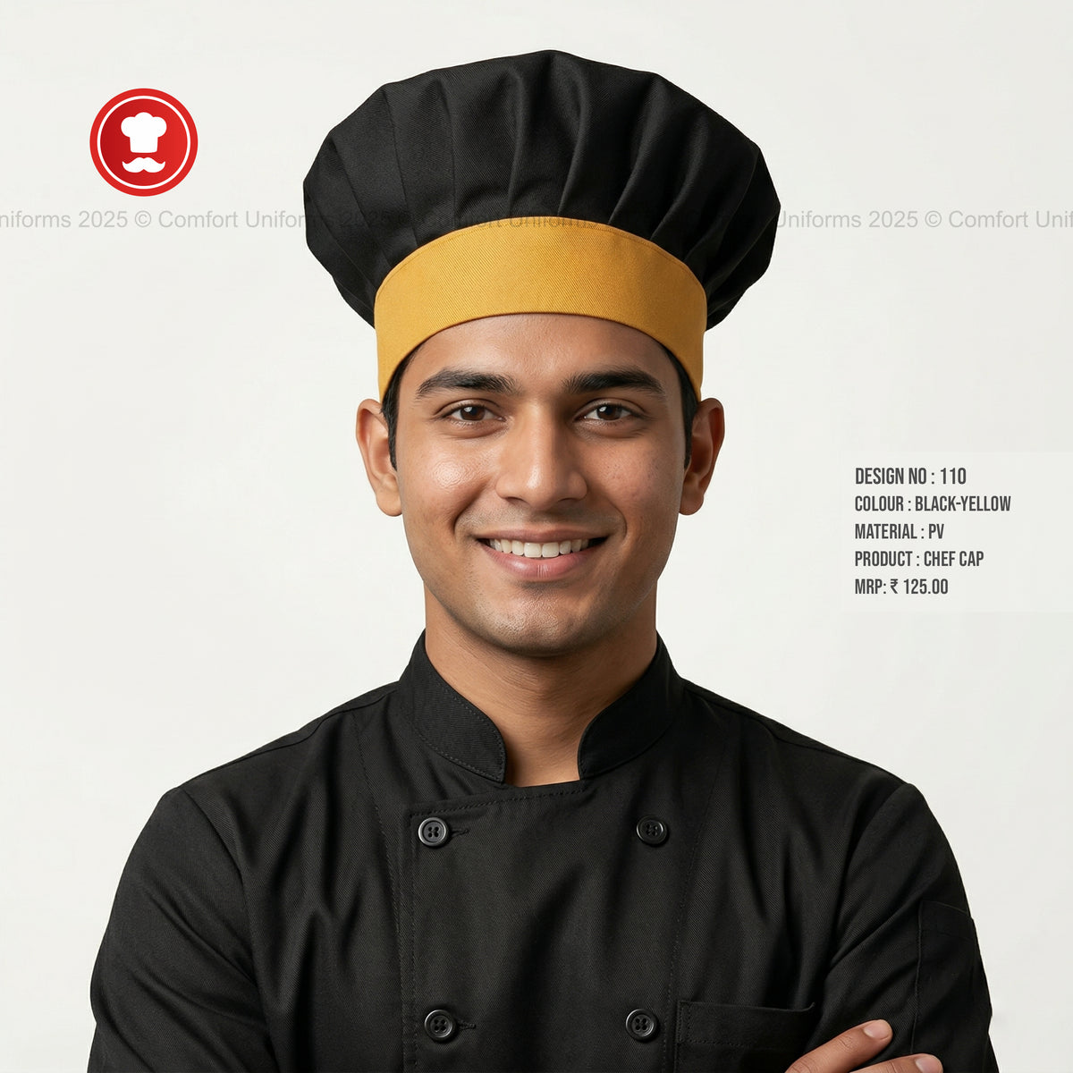 110 Black & Yellow Chef Cap โ Professional Two-Tone Chef Toque for Kitchen Staff