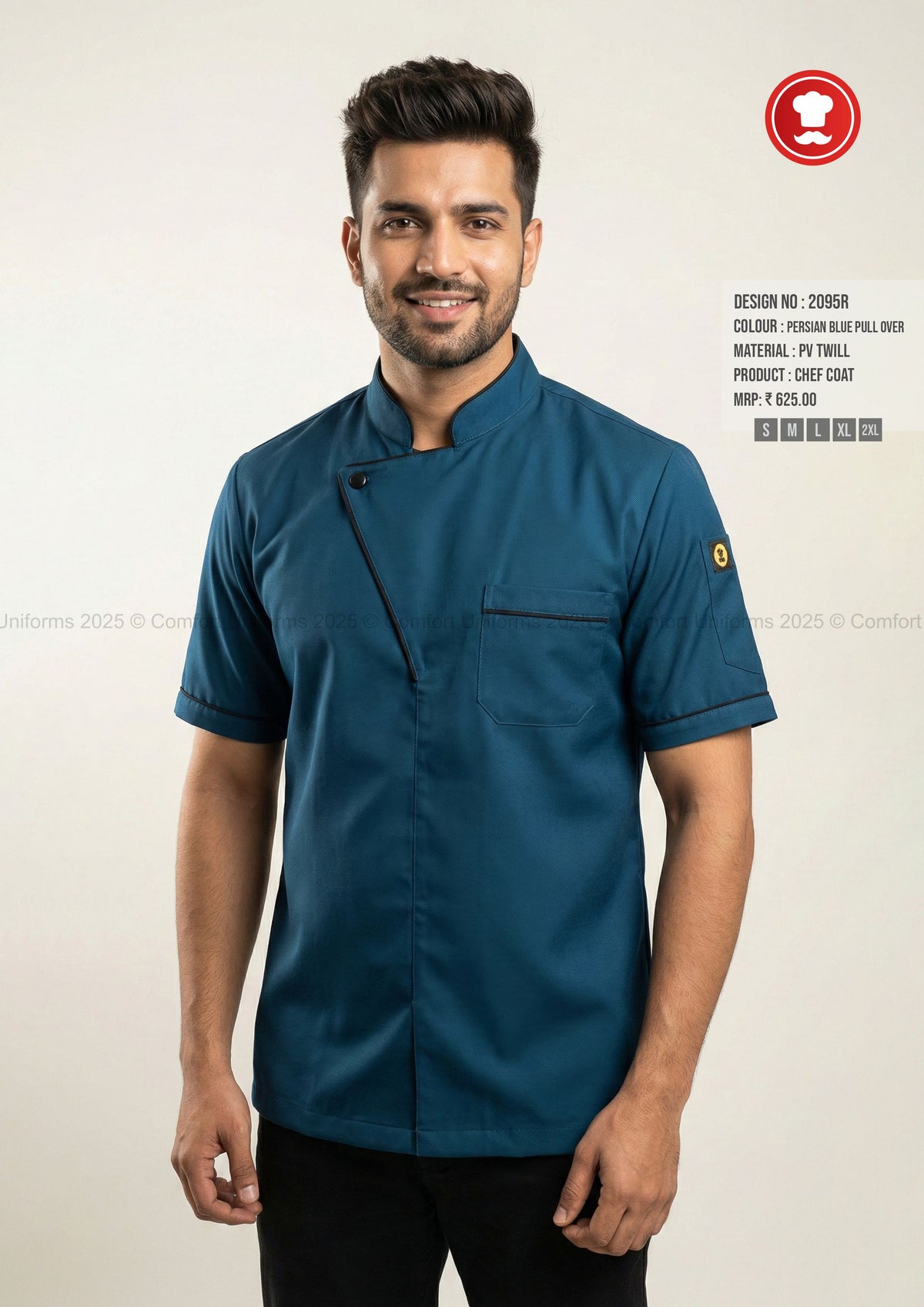 2095R Persian Blue Chef Pullover with Black Piping – Modern Half Sleeve Chef Uniform