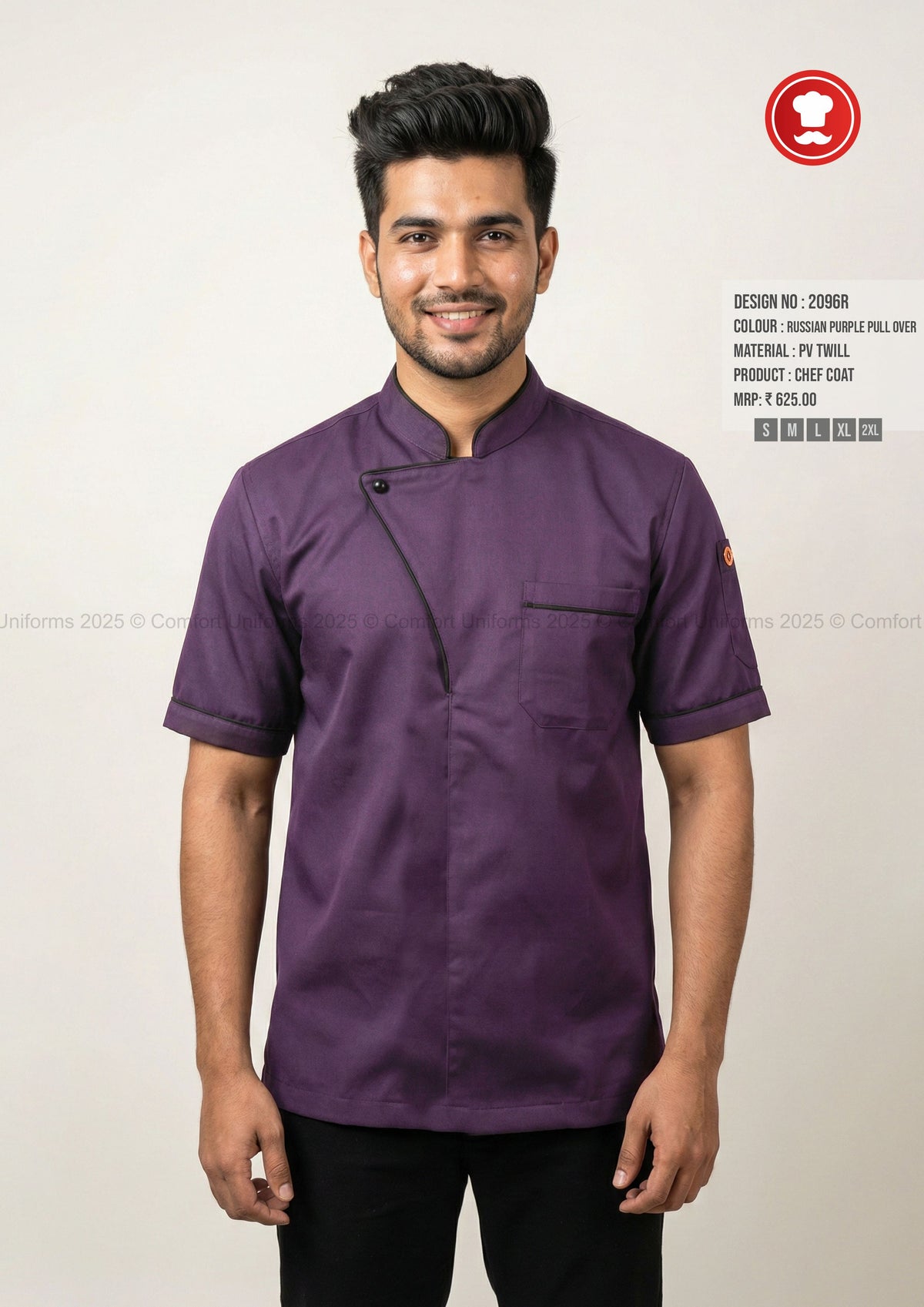 2096R Russian Purple Chef Pullover with Black Piping – Modern Half Sleeve Chef Uniform