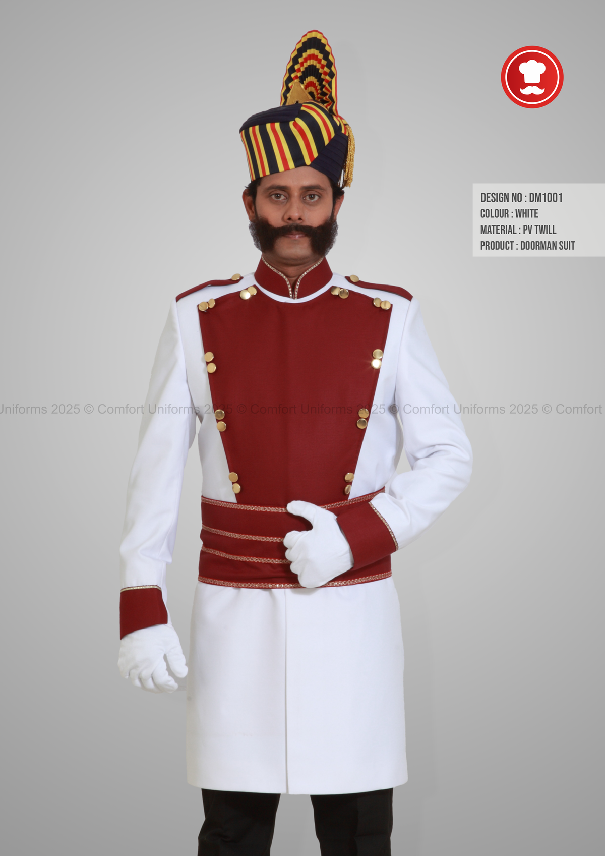 DM1001 Royal Doorman Suit – White with Maroon & Gold Detailing