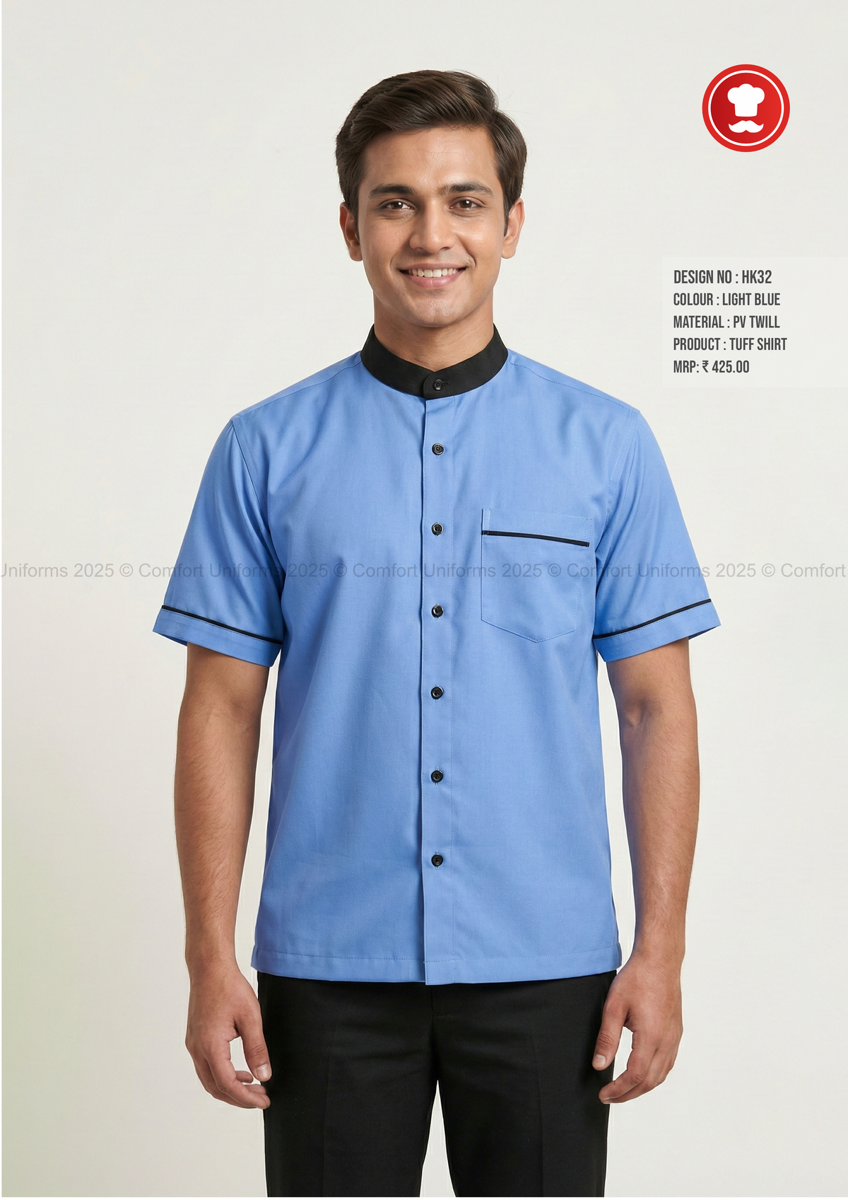 HK32 Housekeeping Tuff Shirt – Light Blue with Black Mandarin Collar