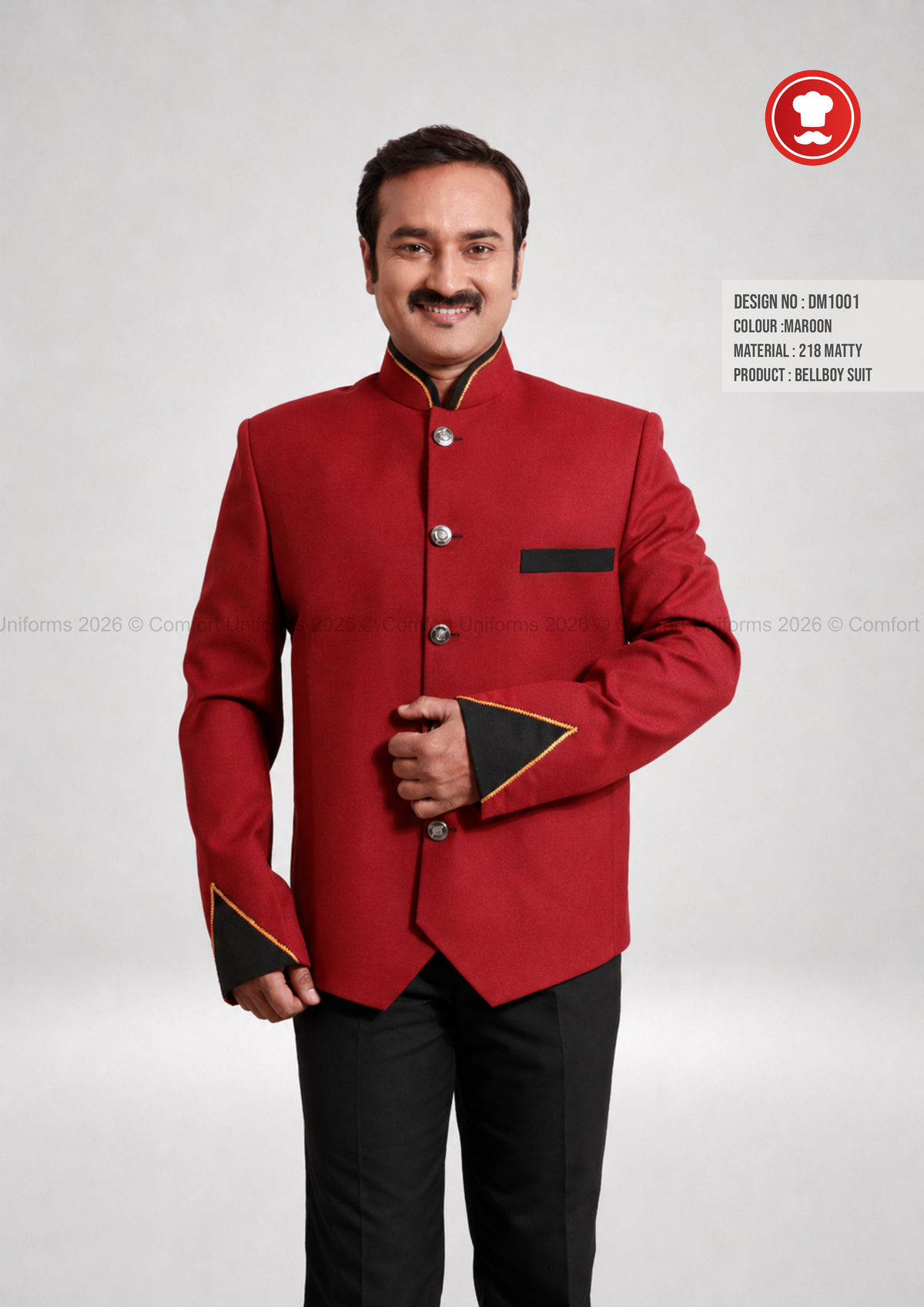 DM1001 Bellboy Suit – Maroon with Black Mandarin Collar
