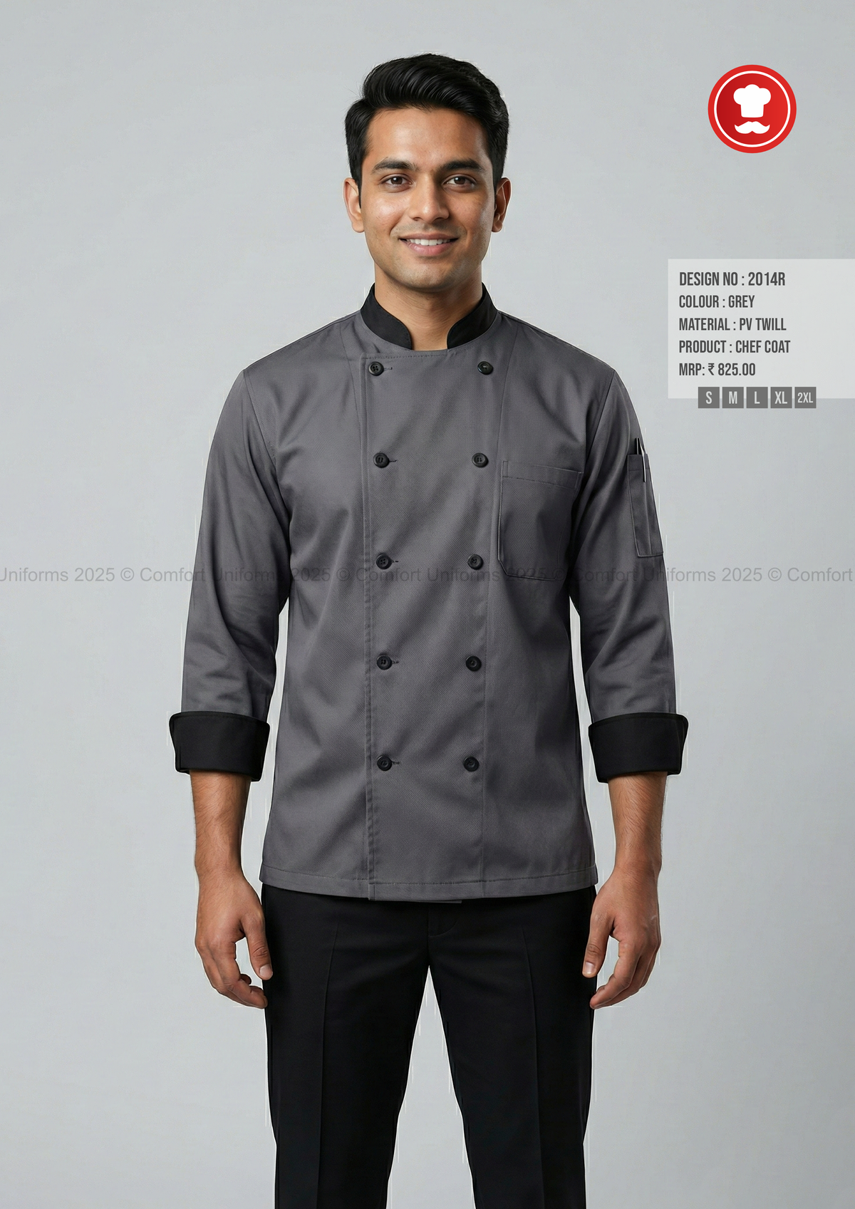 2014R Grey Chef Coat – Modern Professional Double-Breasted Chef Uniform with Black Contrast