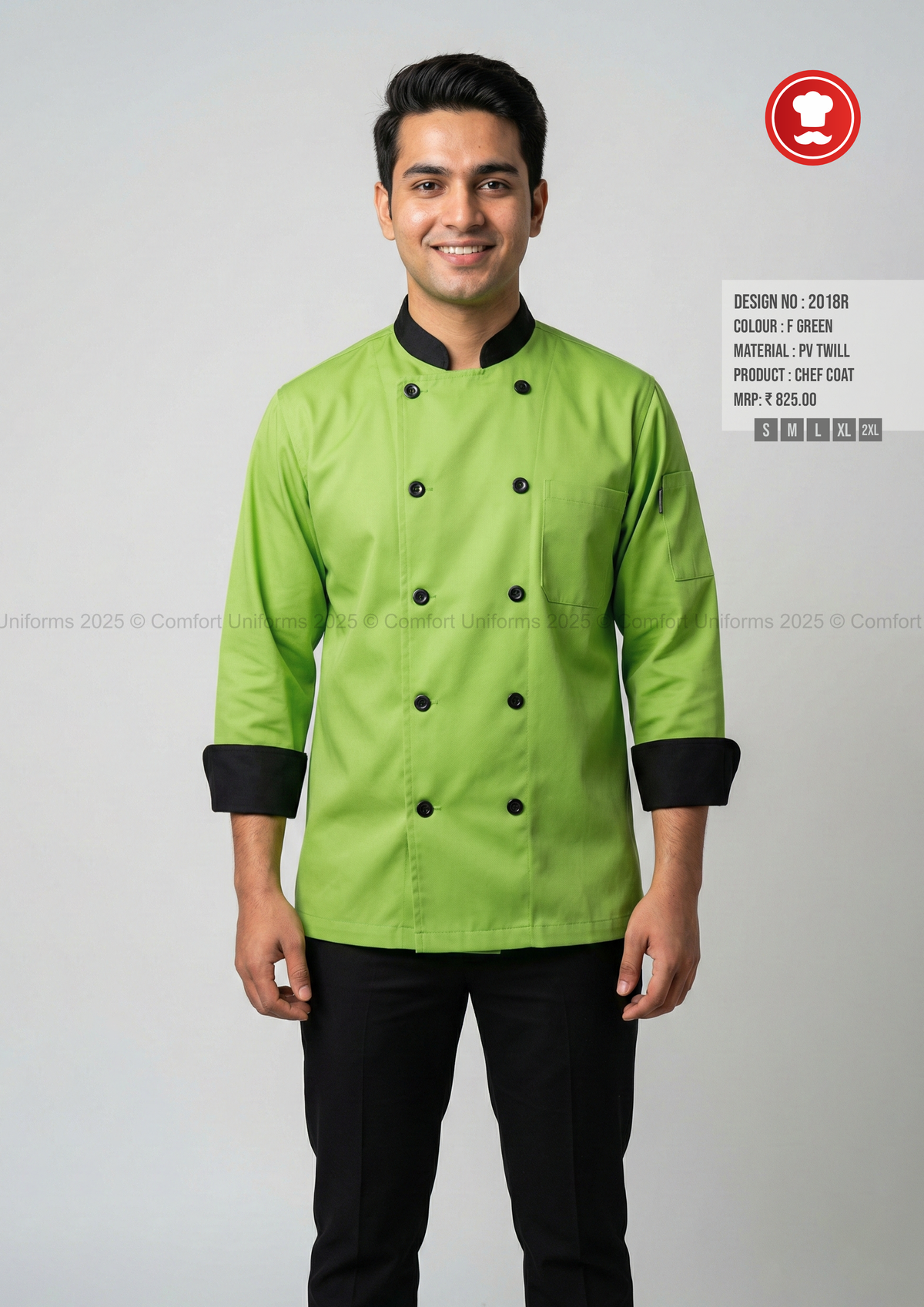 2018R F Green Chef Coat – Fresh Modern Double-Breasted Chef Uniform with Black Contrast