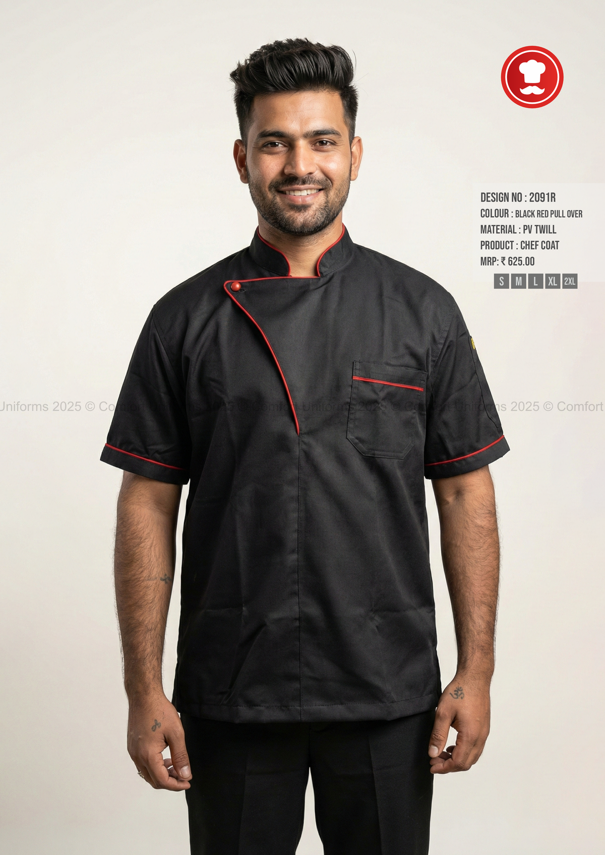 2091R Black Chef Pullover with Red Piping – Modern Half Sleeve Chef Uniform