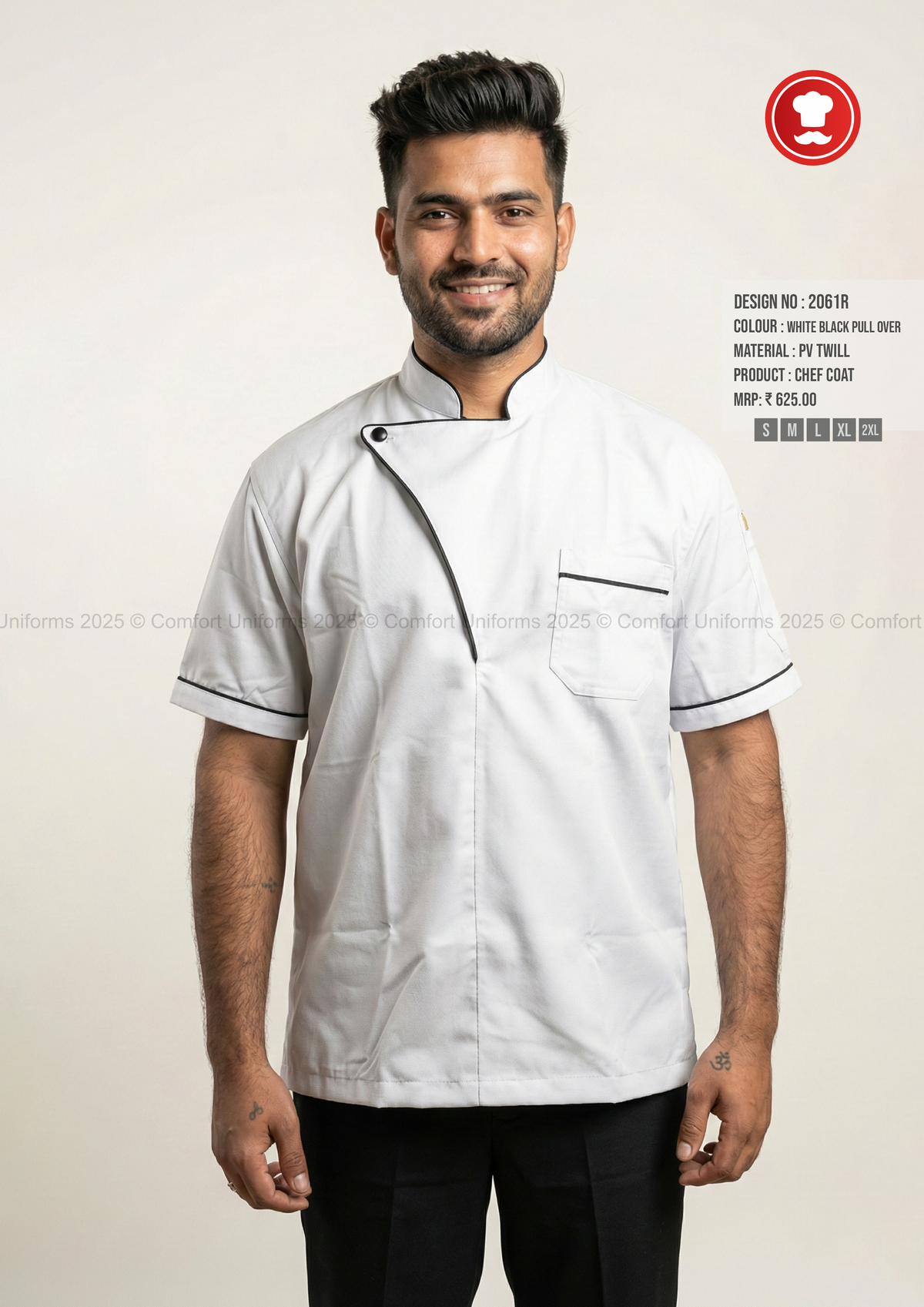 2061R White Chef Pullover with Black Piping – Modern Half Sleeve Chef Uniform