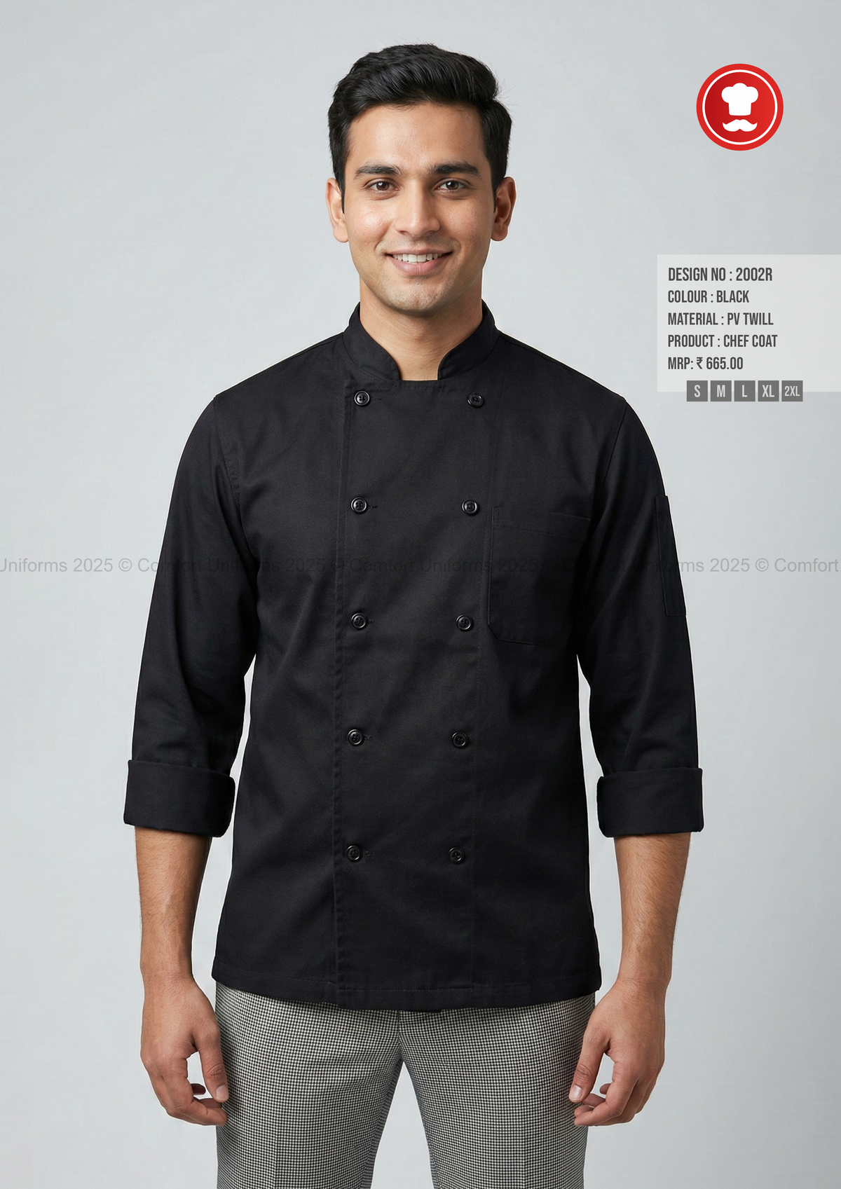 2002R Black Chef Coat – Solid Classic Double-Breasted Design for Commis, Assistant Chefs & IHM Students