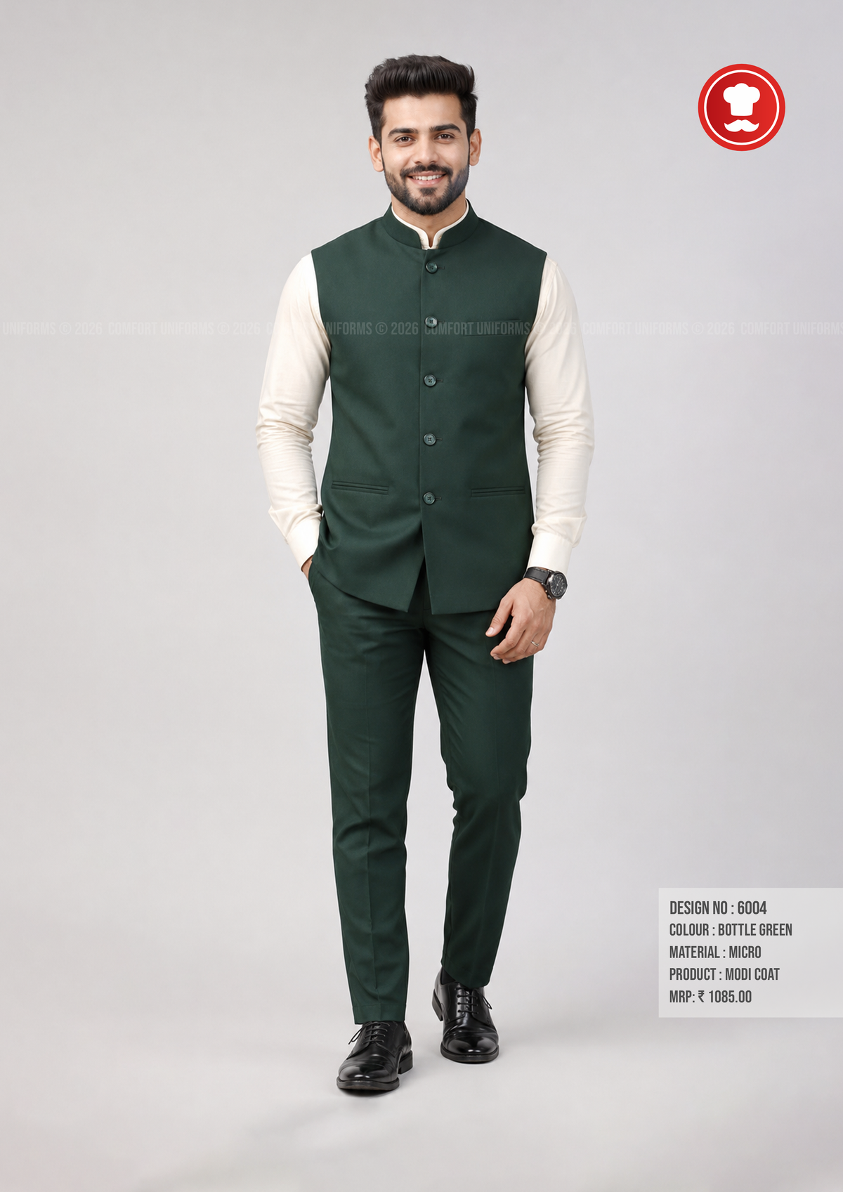 6004 Modi Coat & Trouser Set – Bottle Green | Waiter, Captain & Front Office Uniform