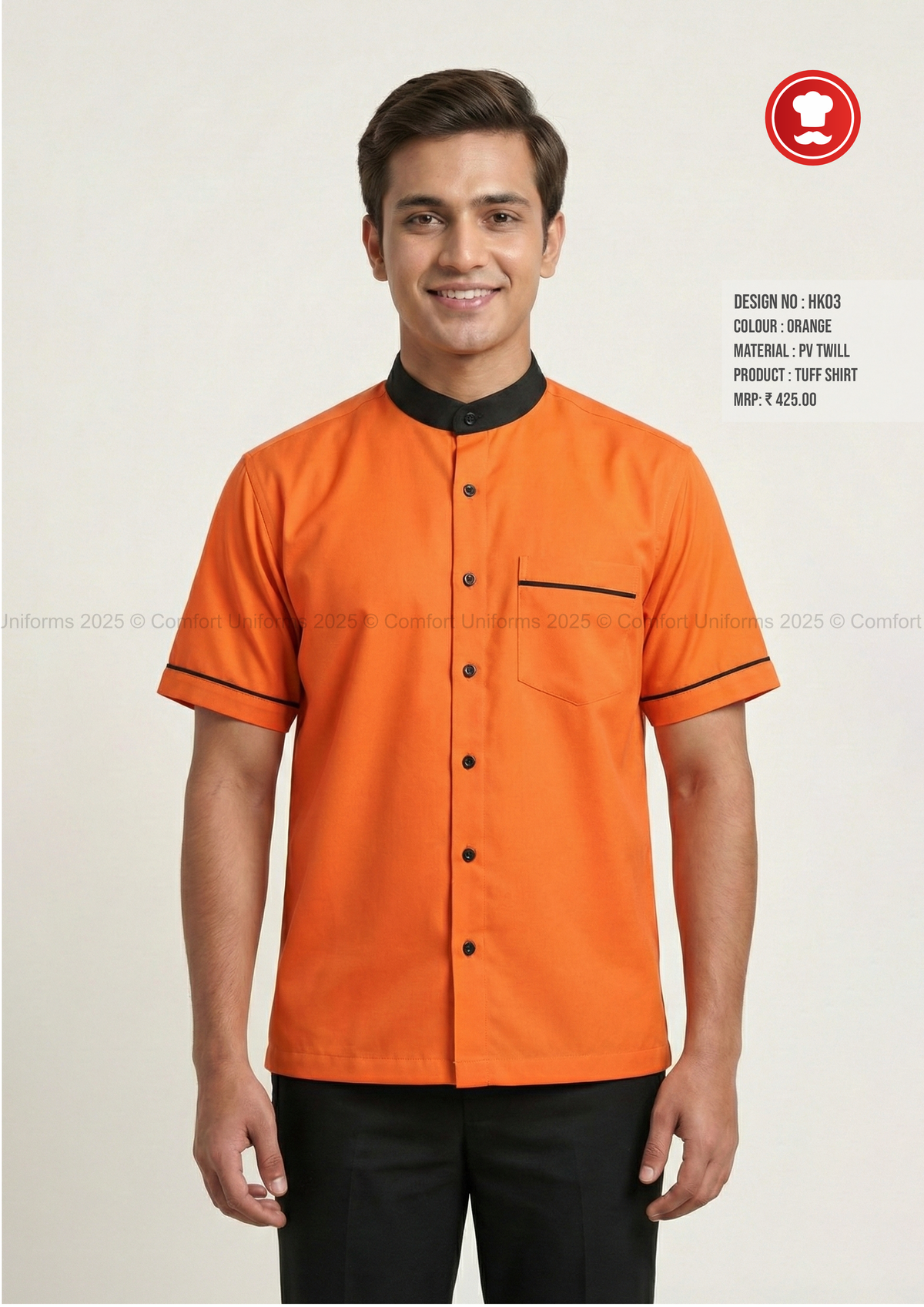 HK03 Housekeeping Tuff Shirt – Orange with Black Mandarin Collar