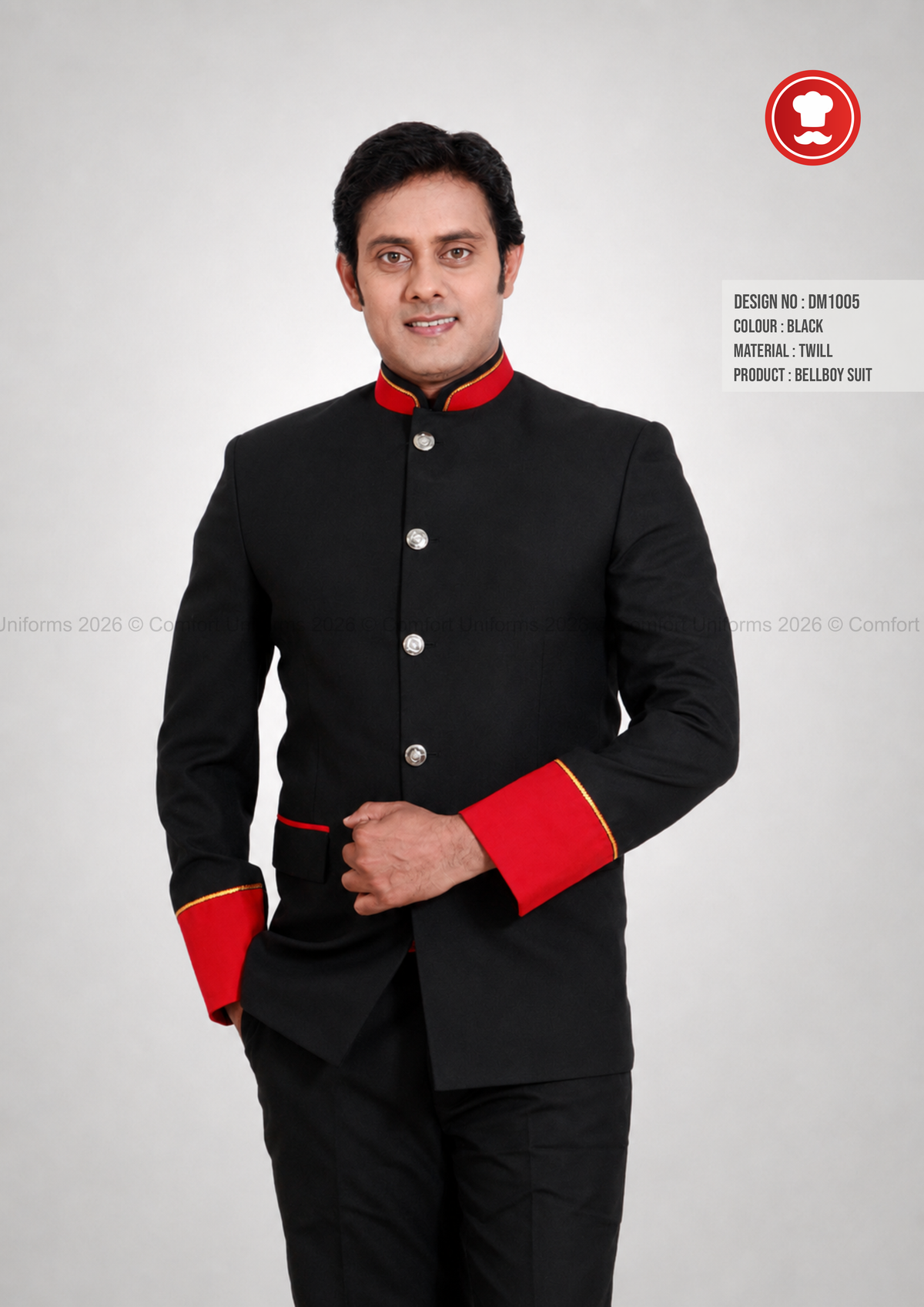 DM1005 Bellboy Suit – Black Uniform with Red Mandarin Collar & Cuffs