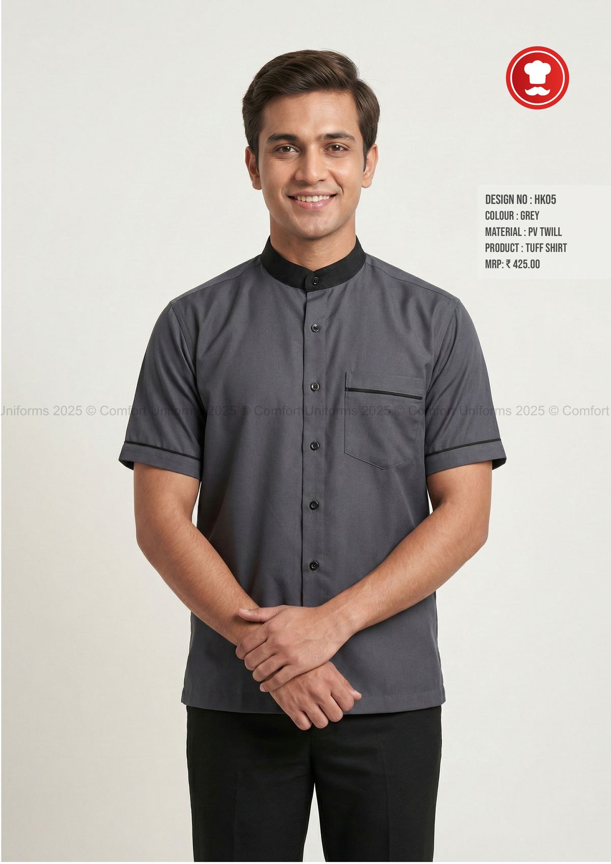 HK05 Tuff Shirt – Grey with Black Mandarin Collar