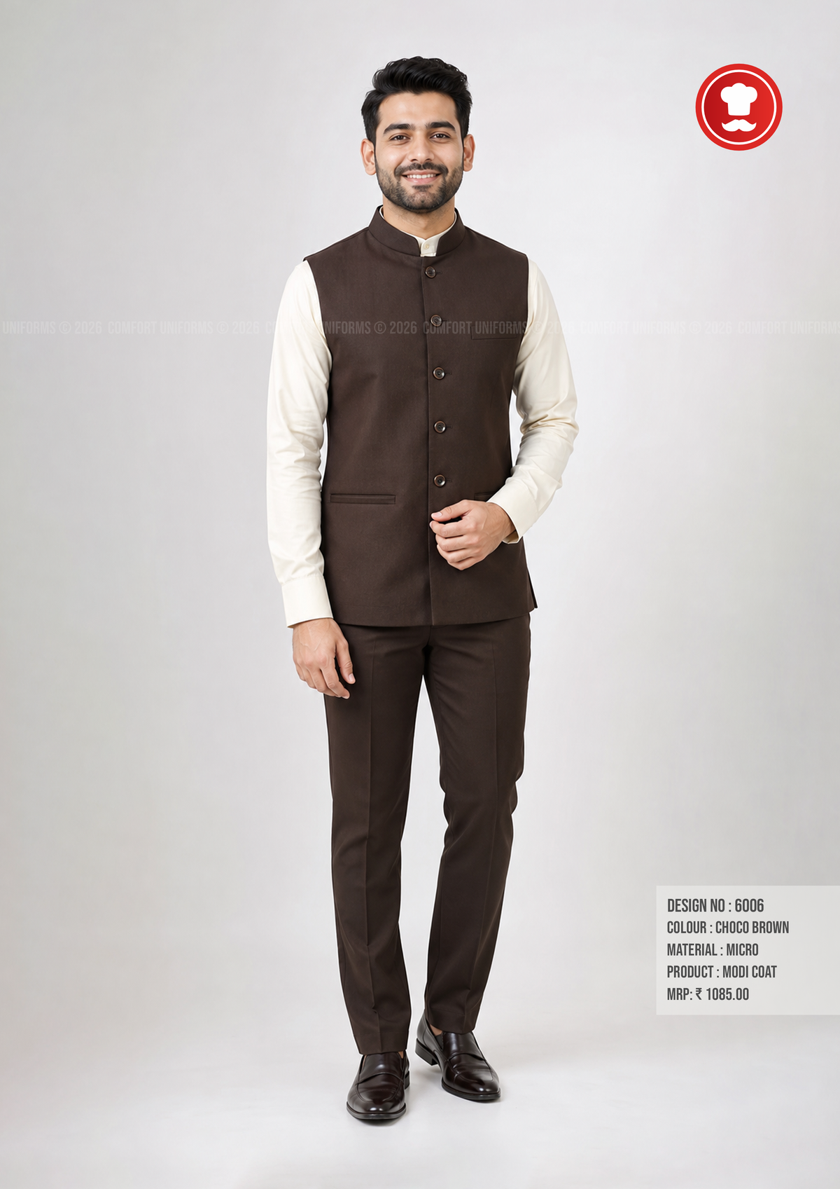 6006 Modi Coat & Trouser Set – Choco Brown | Waiter, Captain & Front Office Uniform