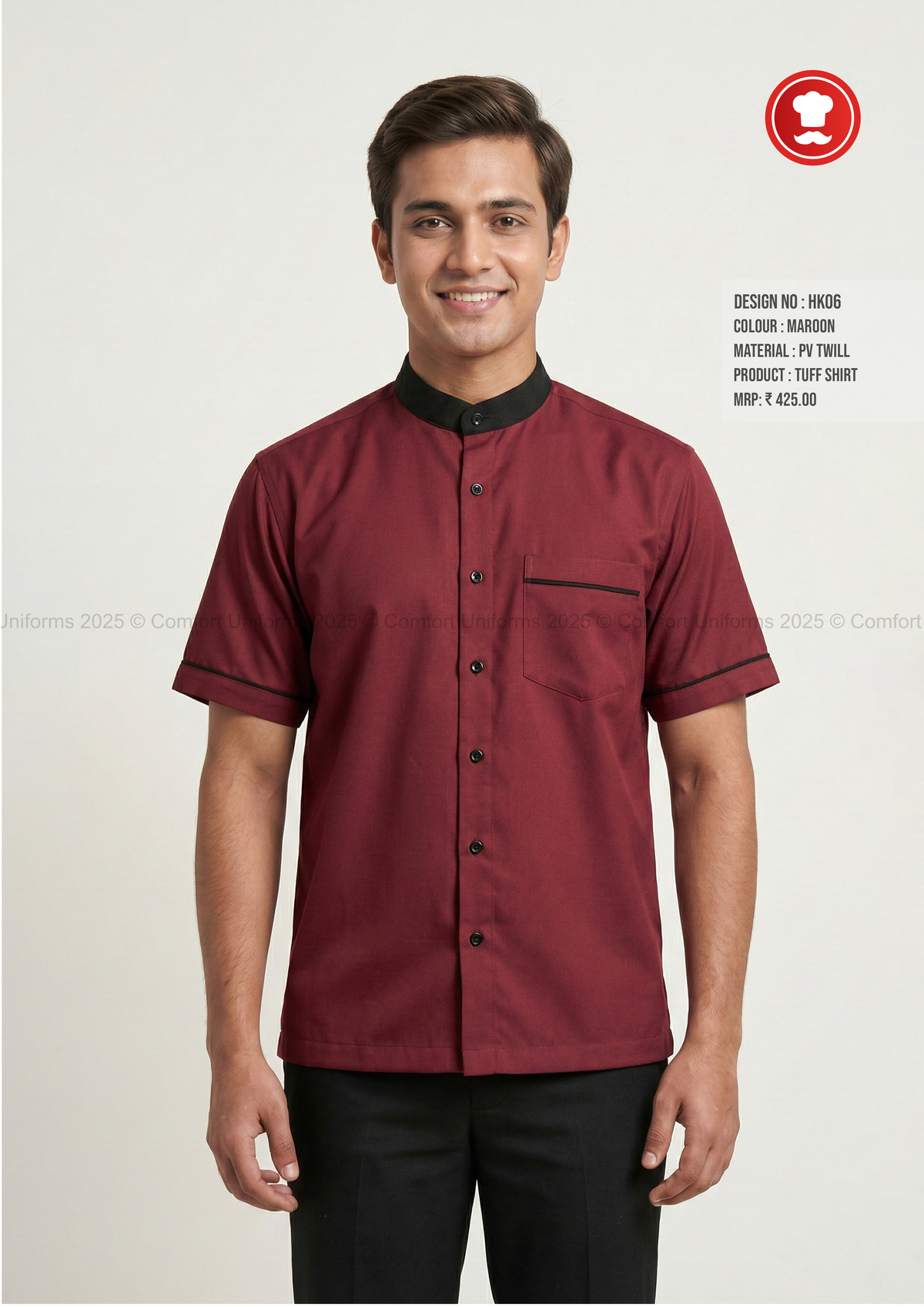 HK06 Tuff Shirt – Maroon with Black Mandarin Collar