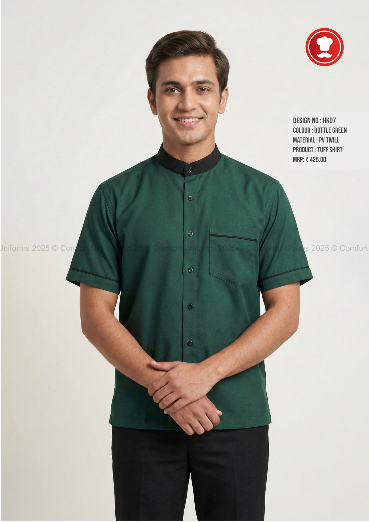 HK07 Housekeeping Tuff Shirt – Bottle Green with Black Mandarin Collar