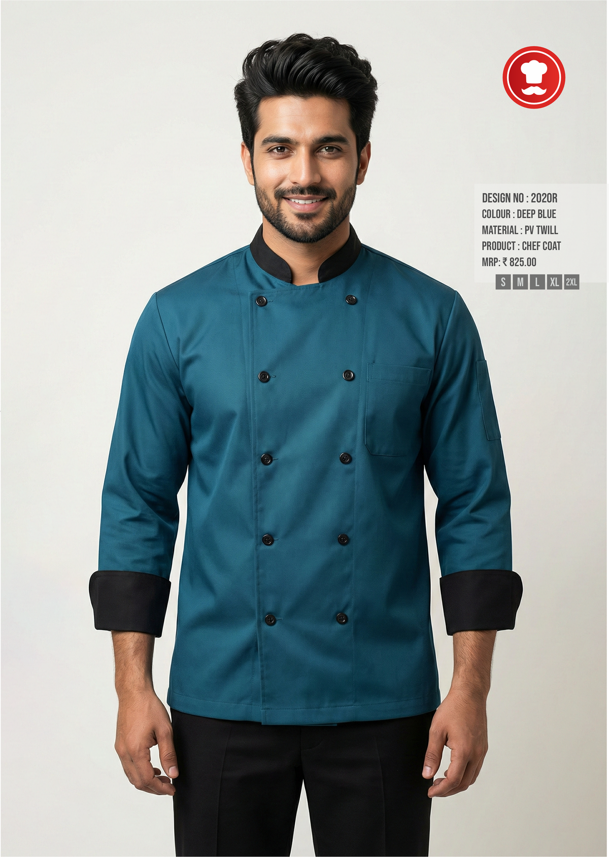 2020R Deep Blue Chef Coat – Modern Double-Breasted Chef Uniform with Black Contrast