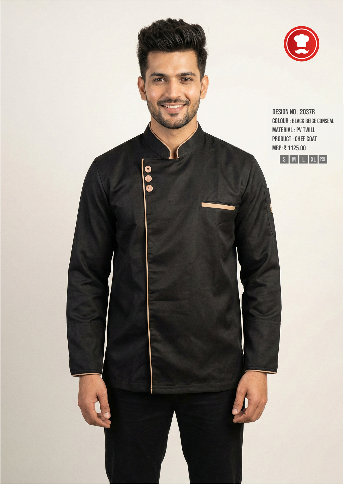 2037R Black Beige Concealed Chef Coat – Premium Executive & Sous Chef Uniform