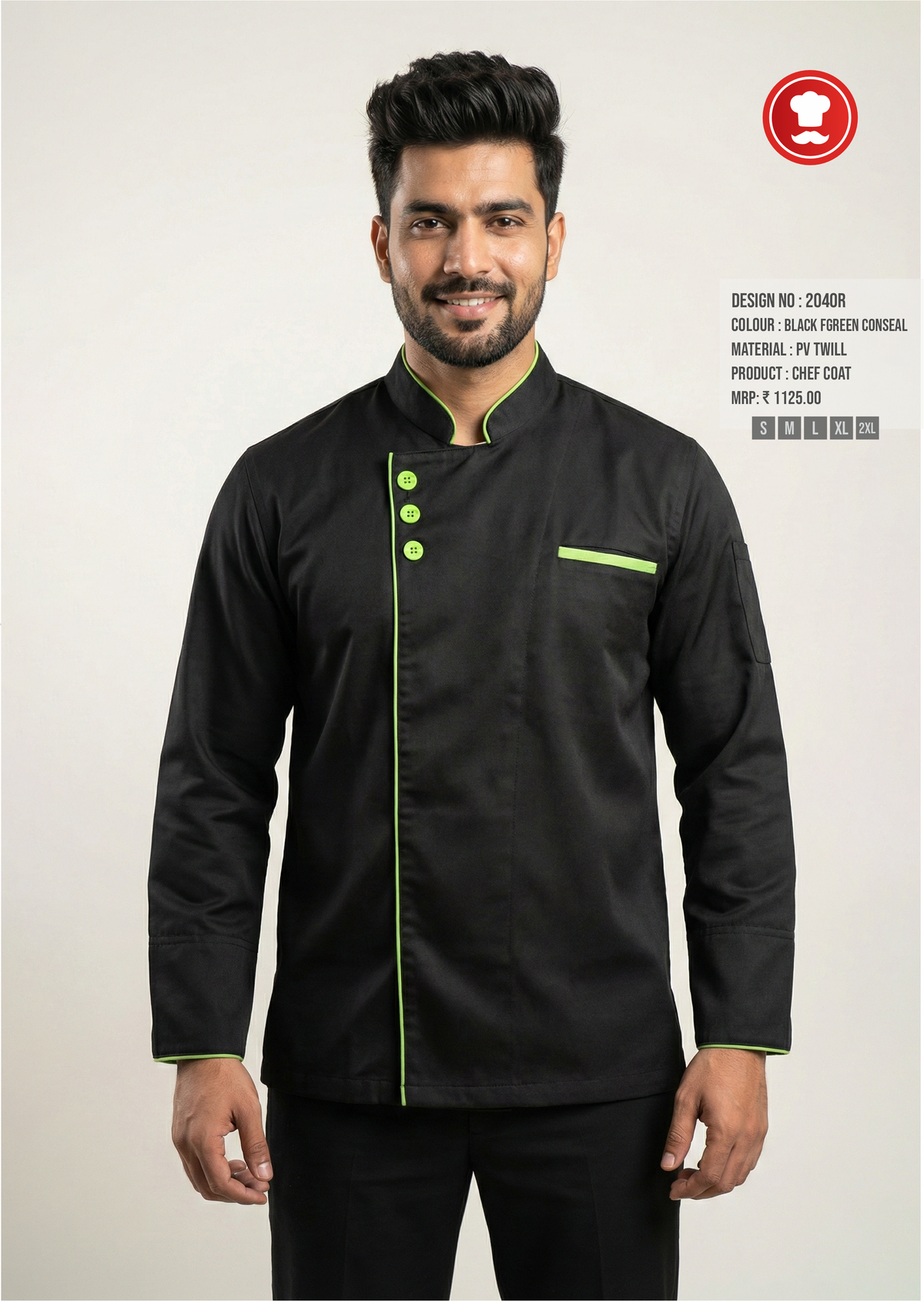 2040R Black F Green Concealed Chef Coat – Modern Premium Professional Chef Uniform