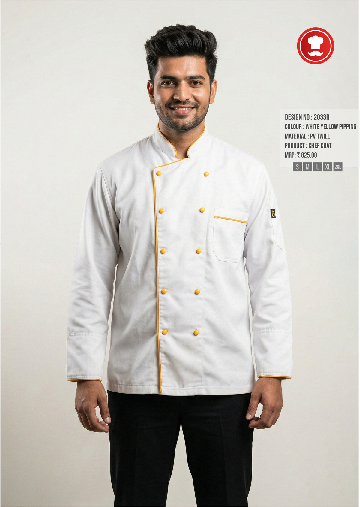 2033R White Chef Coat with Yellow Piping – Premium Modern Double-Breasted Chef Uniform
