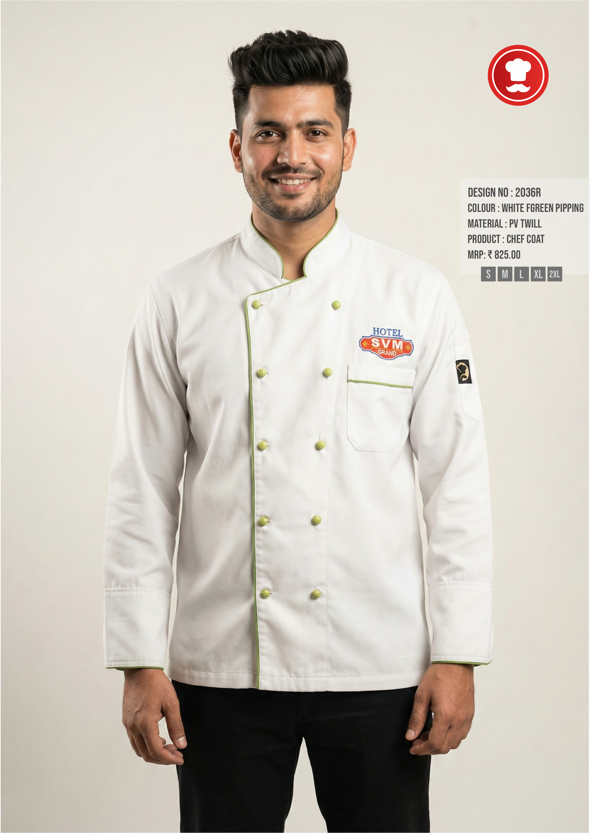 2036R White Chef Coat with F Green Piping – Fresh Modern Double-Breasted Chef Uniform