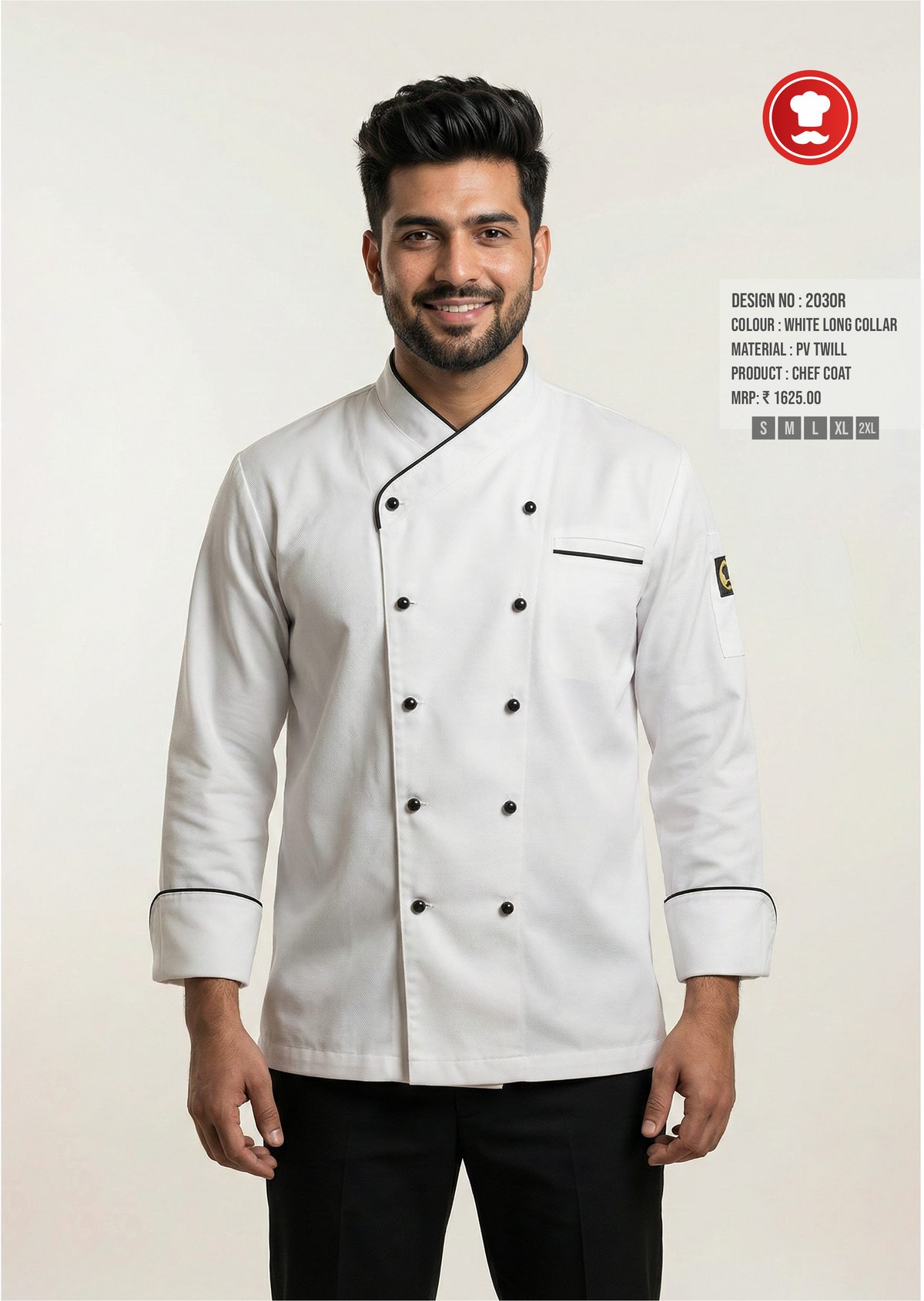 2030R White Long Collar Chef Coat – Premium Uniform for Sous Chefs & Executive Chefs