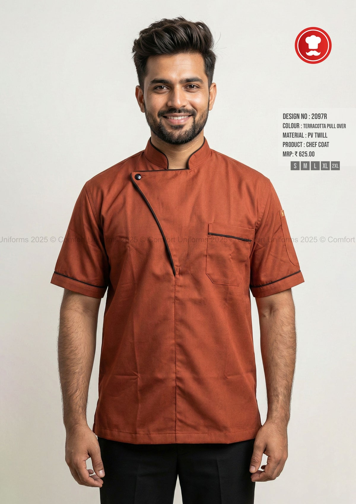 2097R Terracotta Chef Pullover with Black Piping – Modern Half Sleeve Chef Uniform