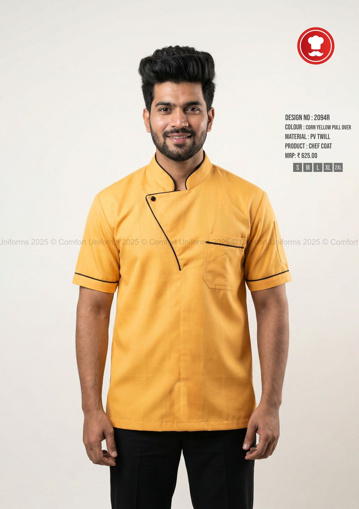 2094R Corn Yellow Chef Pullover with Black Piping – Modern Half Sleeve Chef Uniform
