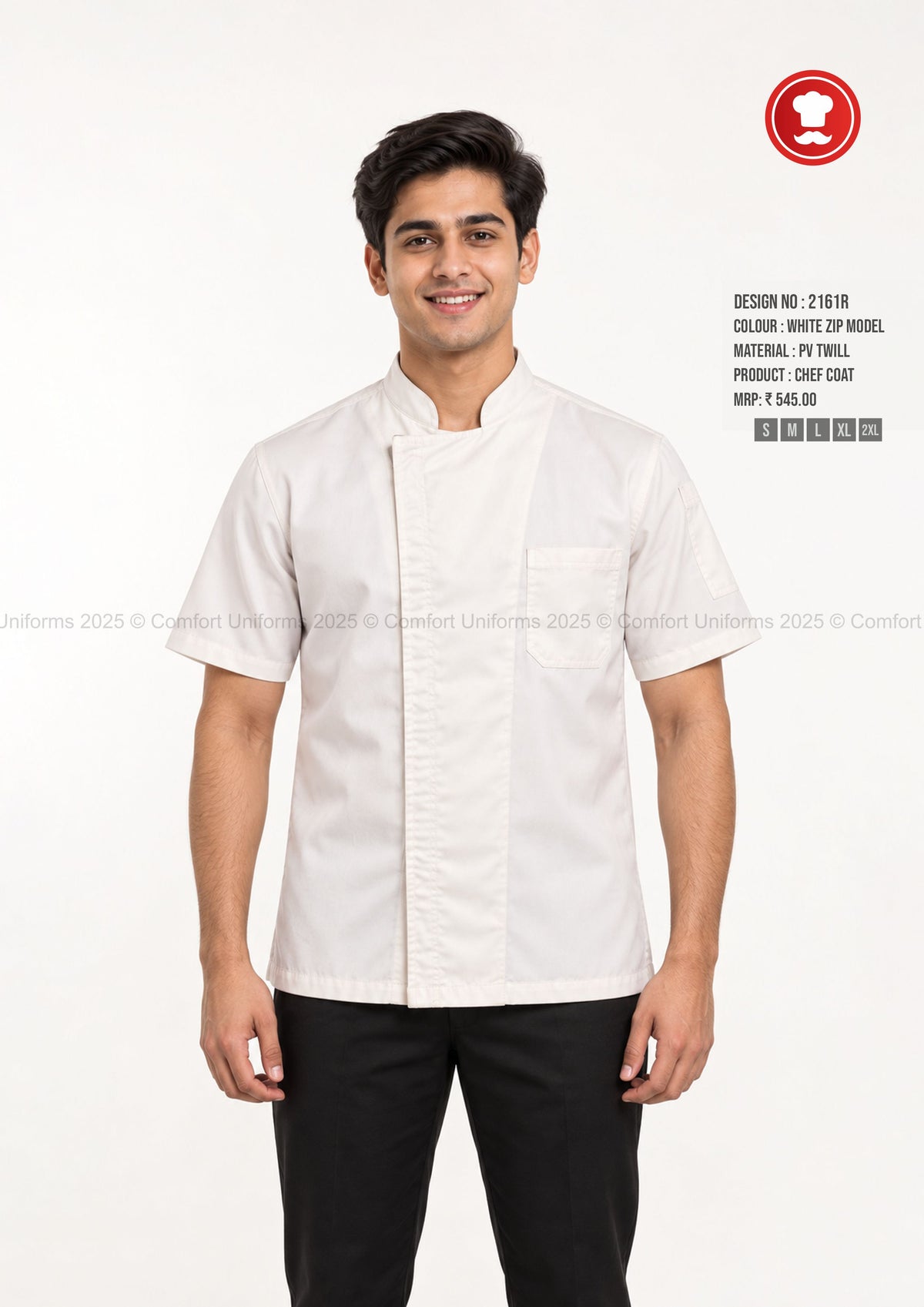 2161R White Zip Chef Coat – Clean Modern Half Sleeve Kitchen Uniform