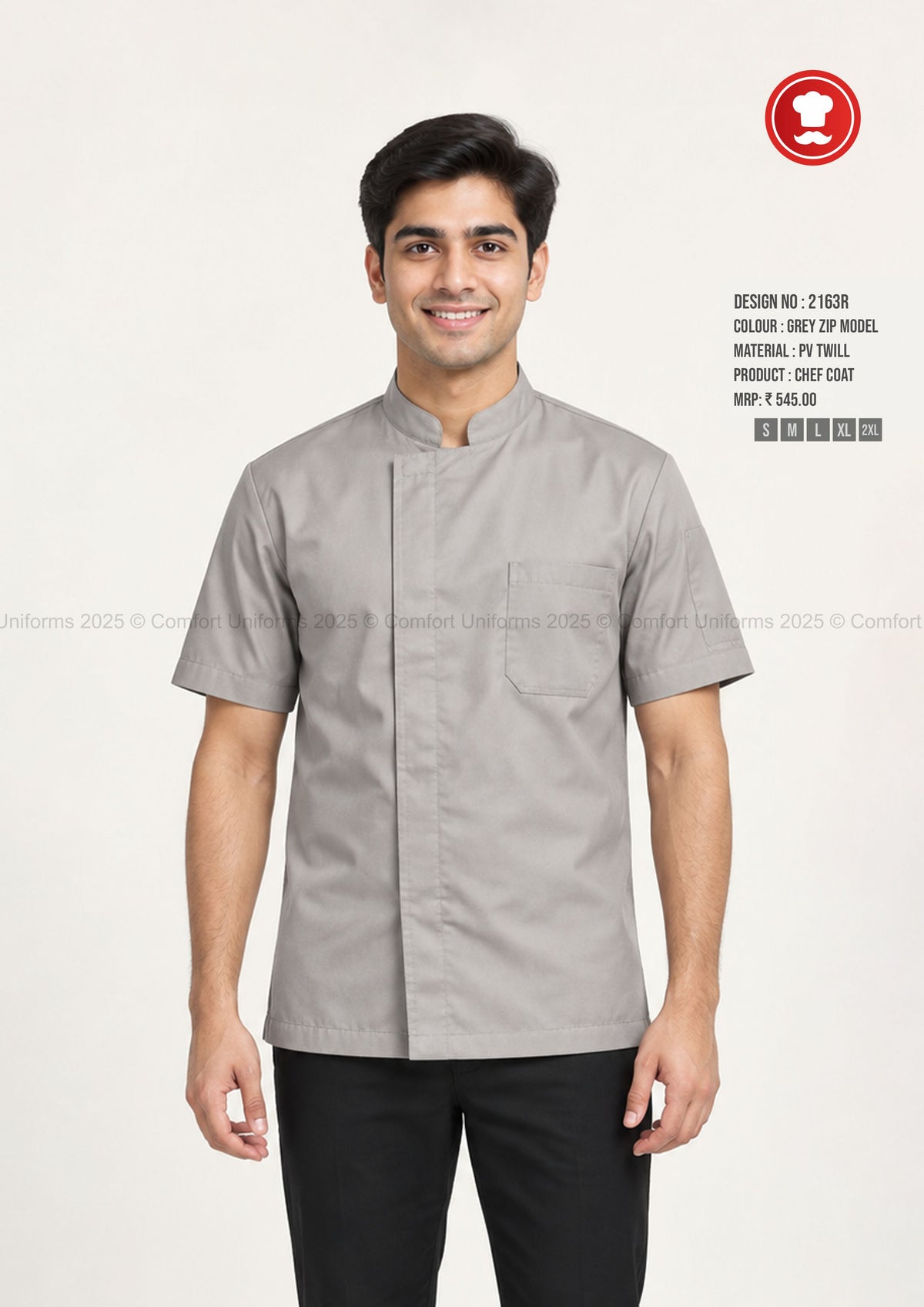 2163R Grey Zip Chef Coat – Modern Half Sleeve Professional Kitchen Uniform