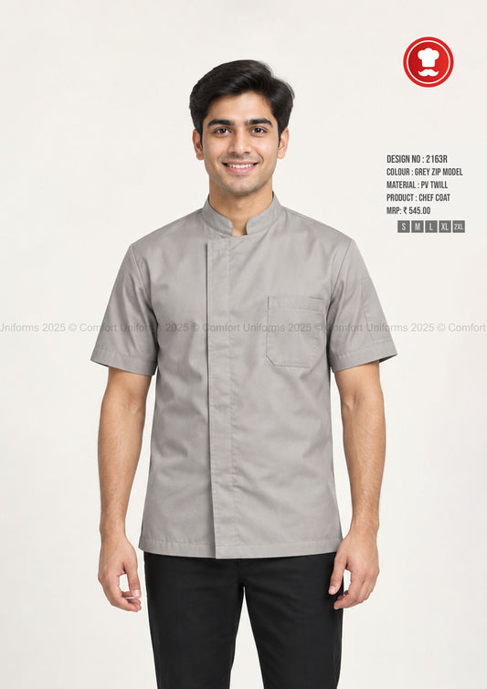 2163R Grey Zip Chef Coat – Modern Half Sleeve Professional Kitchen Uniform