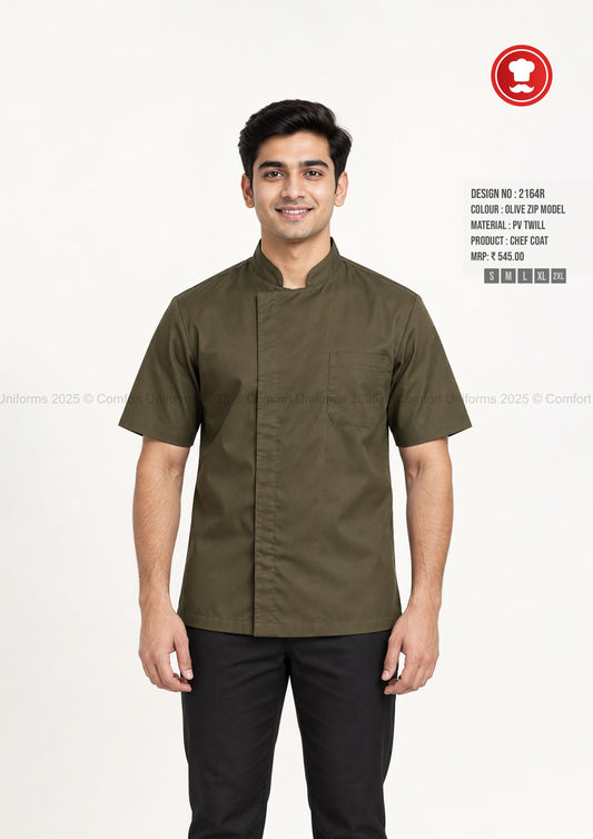 2164R Olive Zip Chef Coat – Modern Half Sleeve Professional Kitchen Uniform