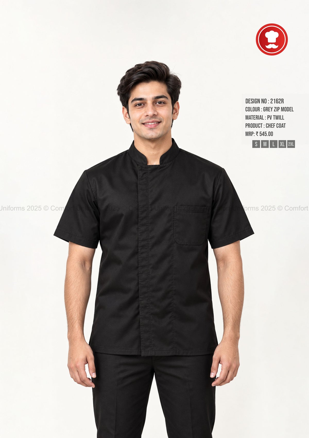 2162R Black Zip Chef Coat – Modern Half Sleeve Professional Kitchen Uniform