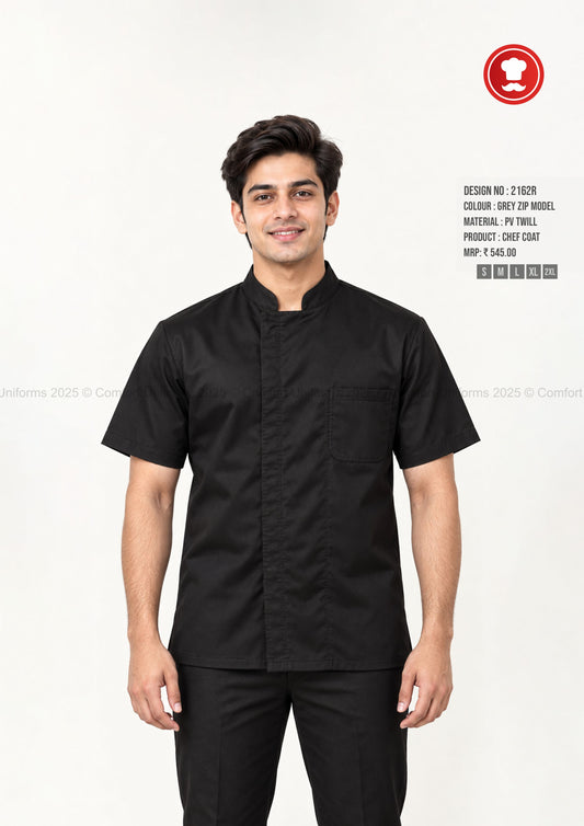 2162R Black Zip Chef Coat – Modern Half Sleeve Professional Kitchen Uniform