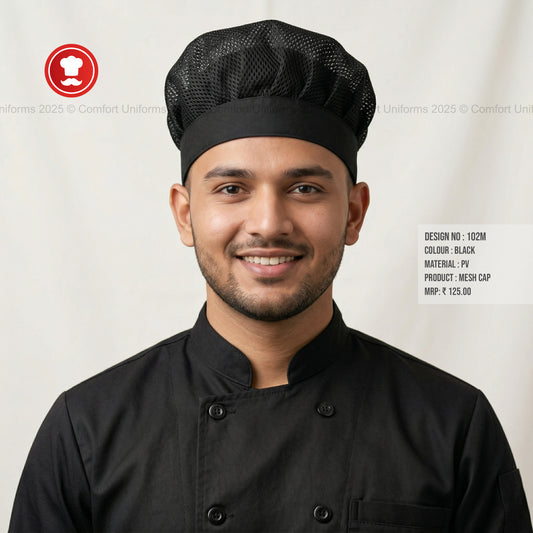 102M Black Mesh Chef Cap – Breathable Professional Kitchen Headwear