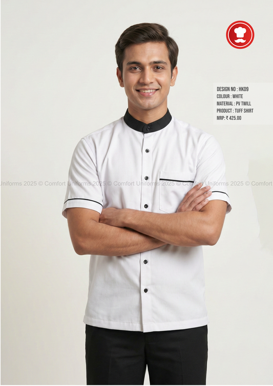 HK09 Tuff Shirt – White with Black Mandarin Collar