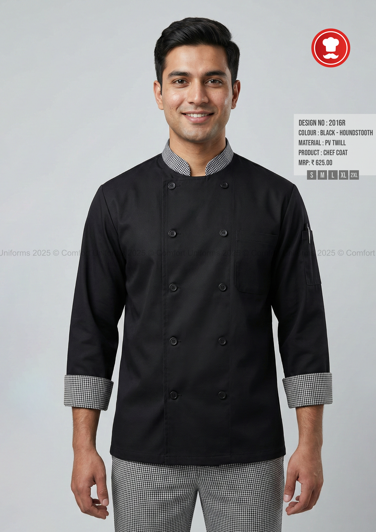 2016R Black Houndstooth Chef Coat – Premium Classic Double-Breasted Chef Uniform