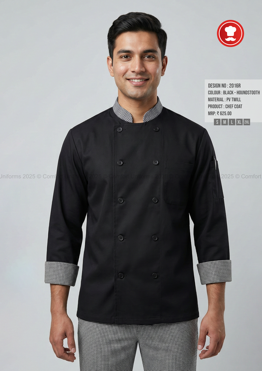2016R Black Houndstooth Chef Coat – Premium Classic Double-Breasted Chef Uniform