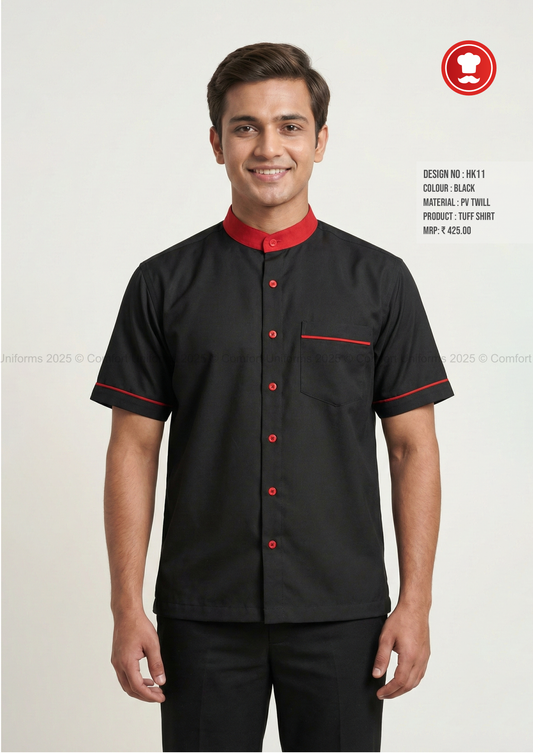 HK11 Tuff Shirt – Black with Red Mandarin Collar