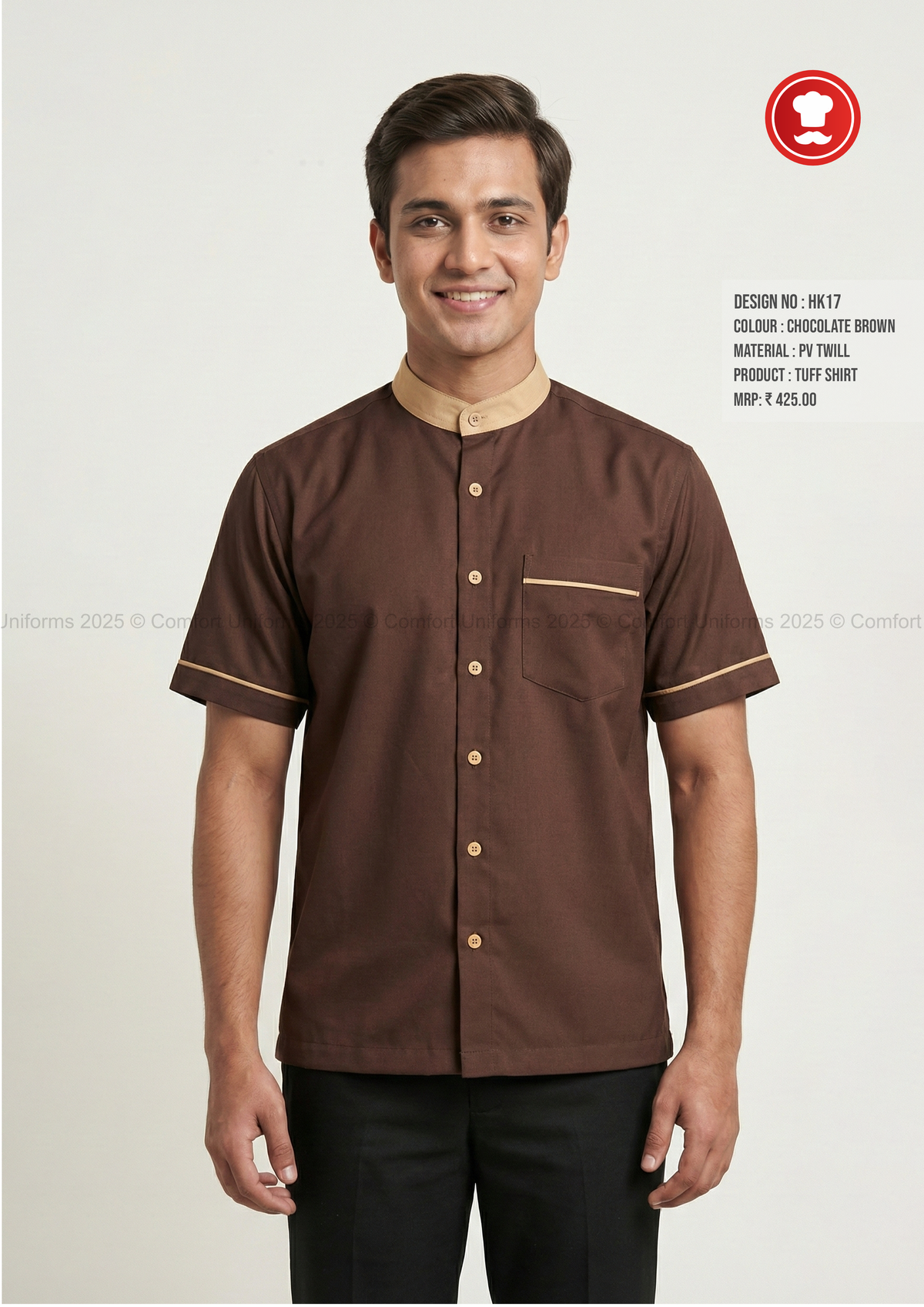HK17 Housekeeping Tuff Shirt – Chocolate Brown with Beige Mandarin Collar