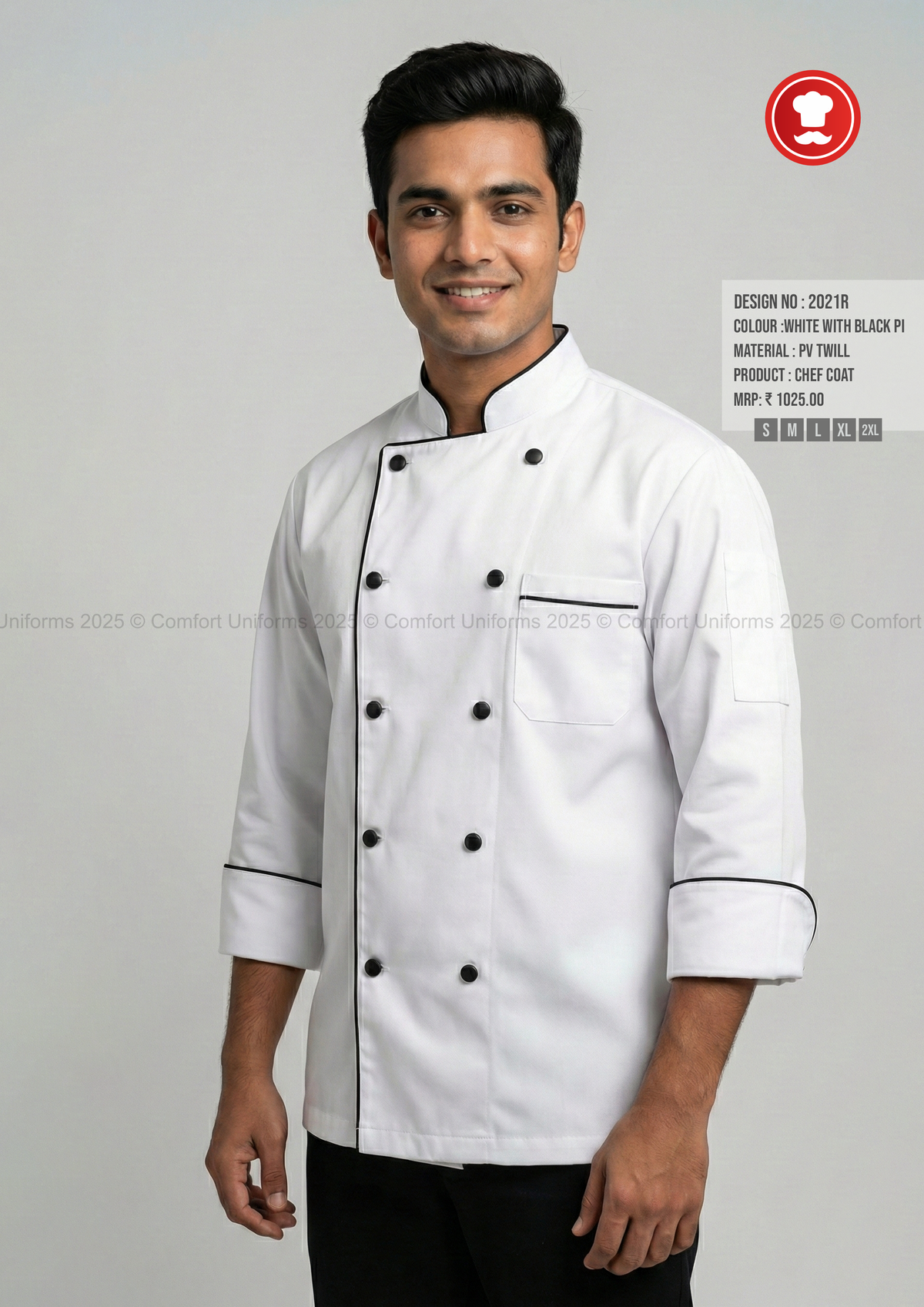 2021R White Chef Coat with Black Piping – Premium Uniform for CDP & DCDP Chefs