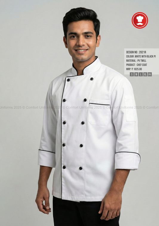 2021R White Chef Coat with Black Piping – Premium Uniform for CDP & DCDP Chefs