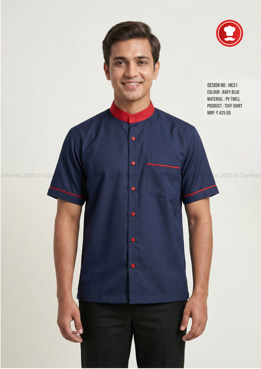 HK31 Tuff Shirt – Navy Blue with Red Mandarin Collar
