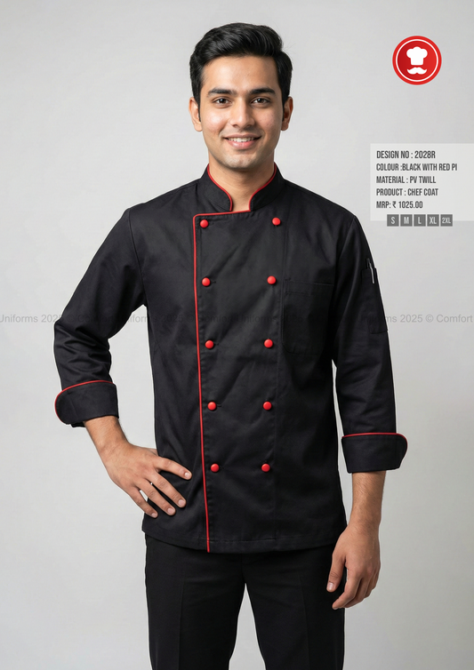 2028R Black Chef Coat with Red Piping – Bold Premium Double-Breasted Chef Uniform