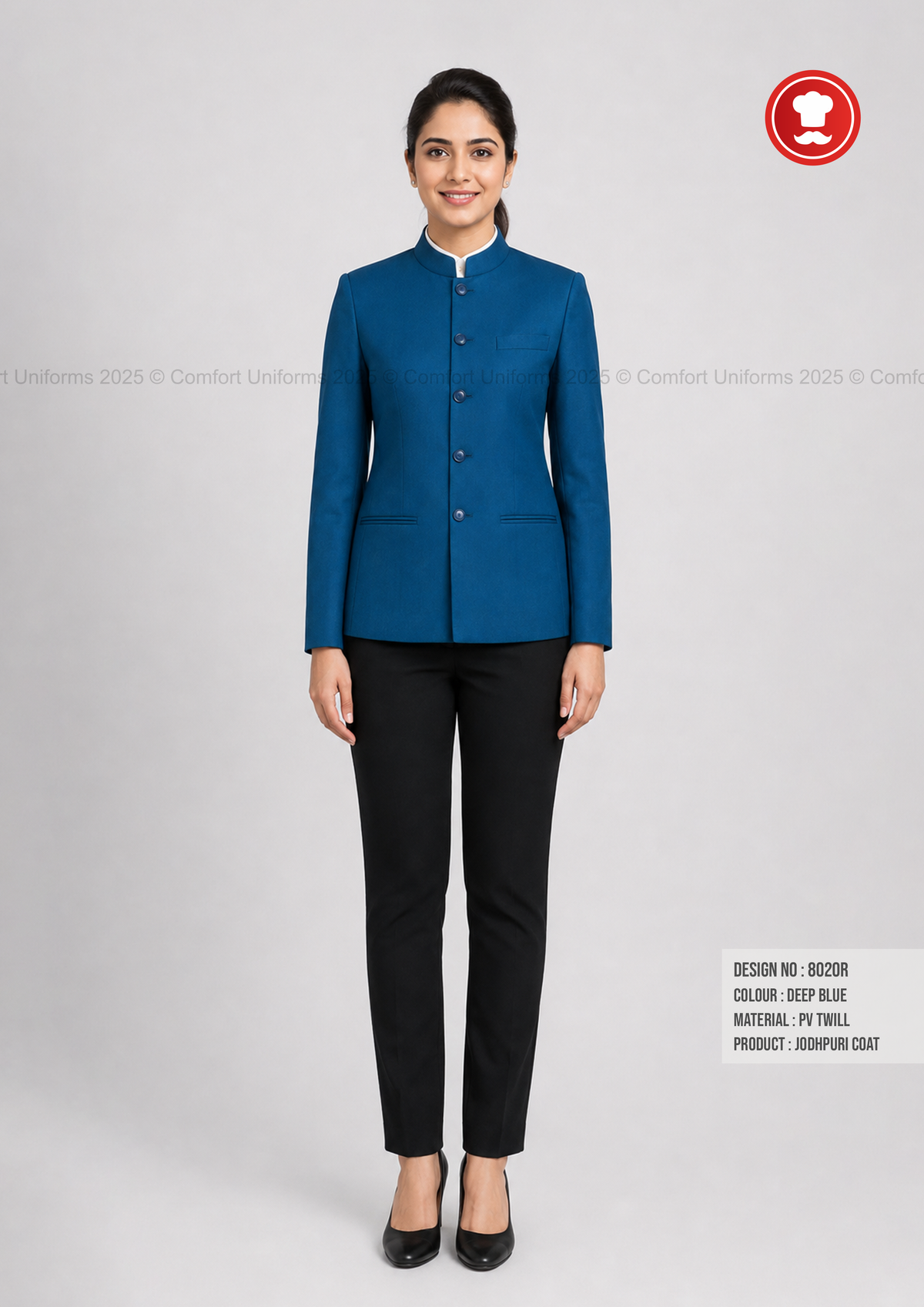 8020R Deep Blue Jodhpuri Coat | Female Restaurant Service Uniform
