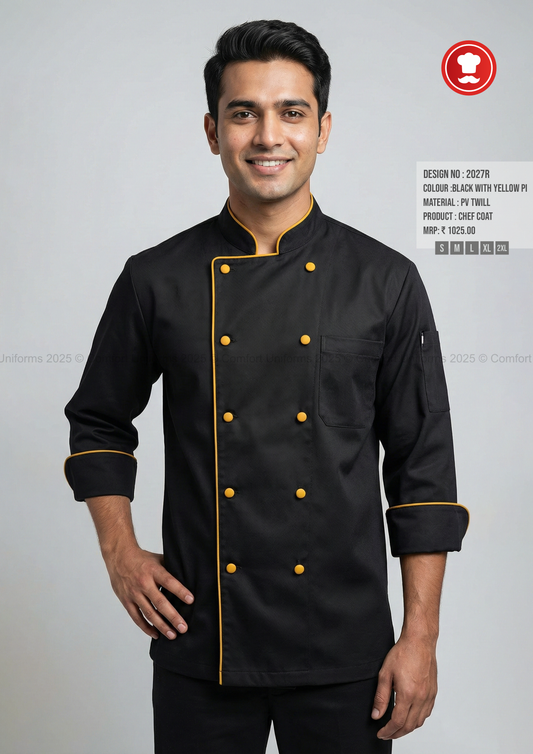 2027R Black Chef Coat with Yellow Piping – Premium Modern Double-Breasted Chef Uniform