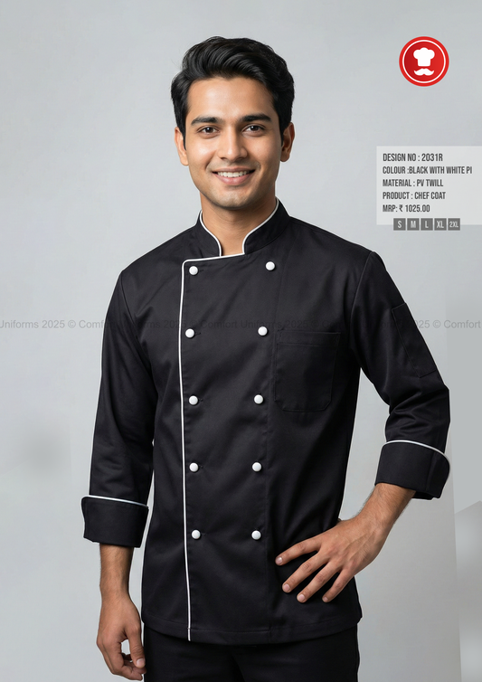2031R Black Chef Coat with White Piping – Premium Double-Breasted Professional Chef Uniform