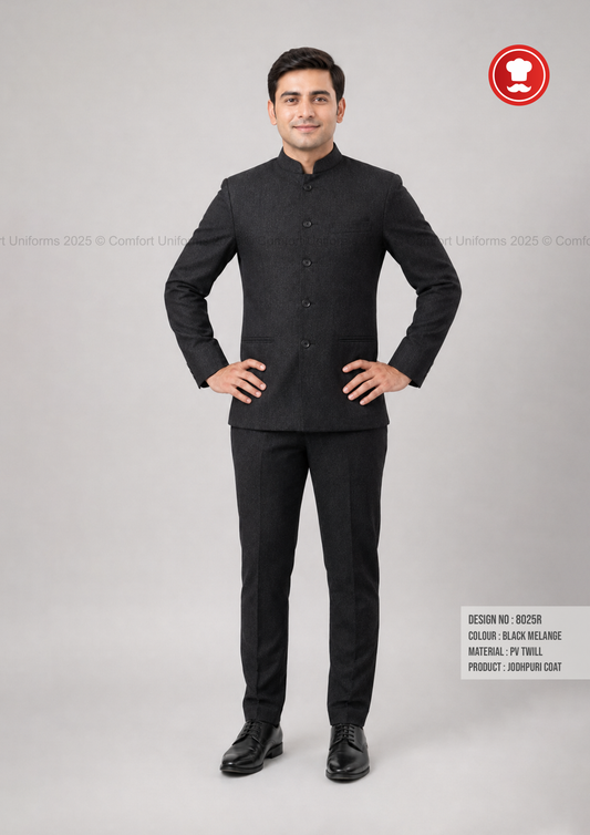 8025R Black Melange Jodhpuri Coat & Trouser Set | Restaurant Service Uniform