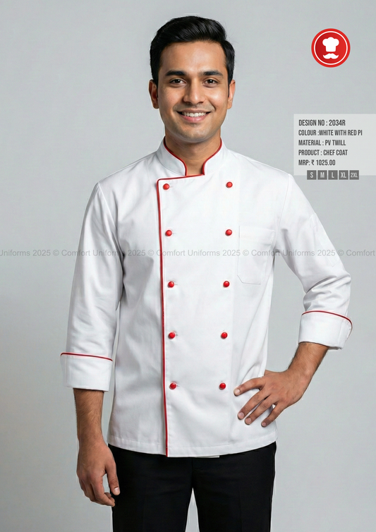 2034R White Chef Coat with Red Piping – Premium Modern Double-Breasted Chef Uniform