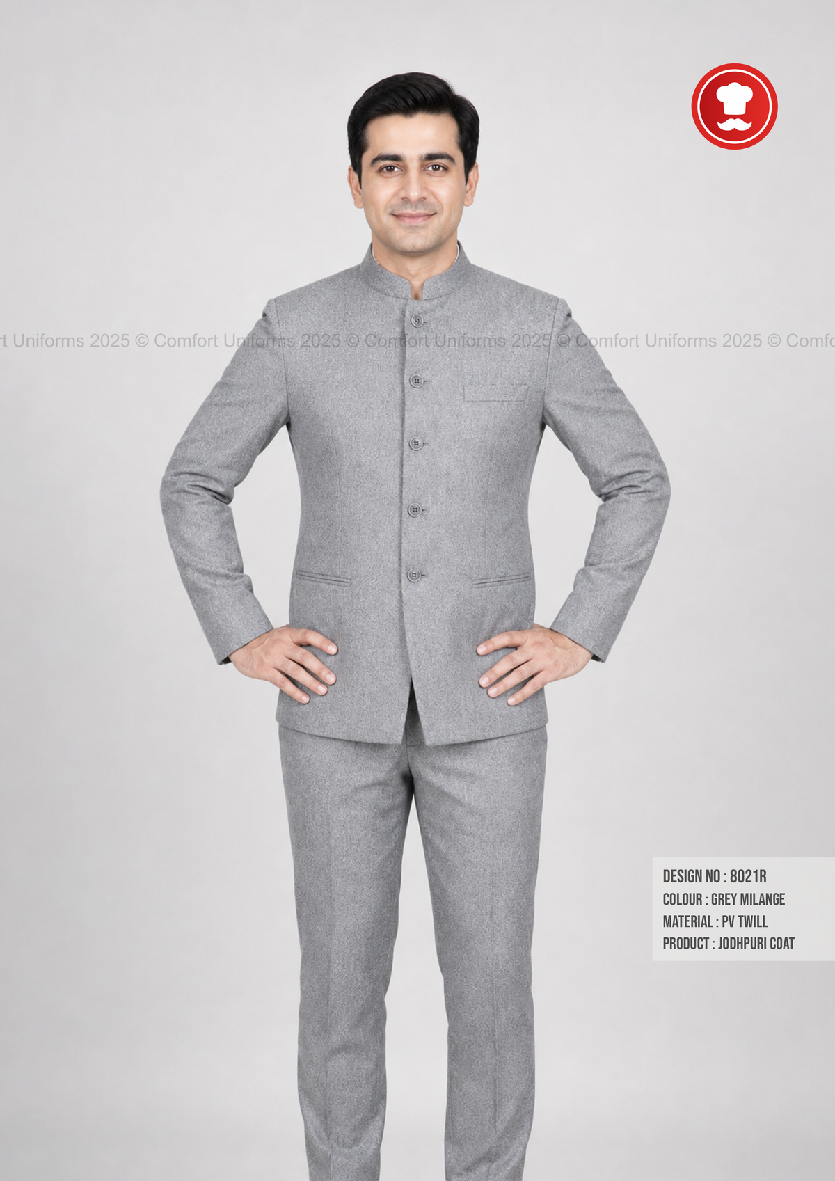 8021R Grey Melange Jodhpuri Coat & Trouser Set | Restaurant Uniform