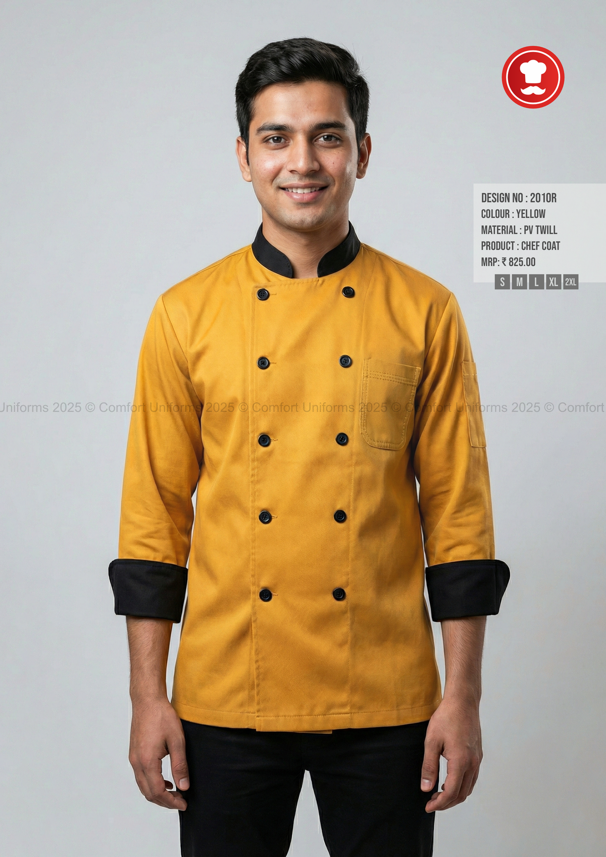 2010R Yellow Chef Coat – Bold Modern Double-Breasted Chef Uniform with Black Contrast